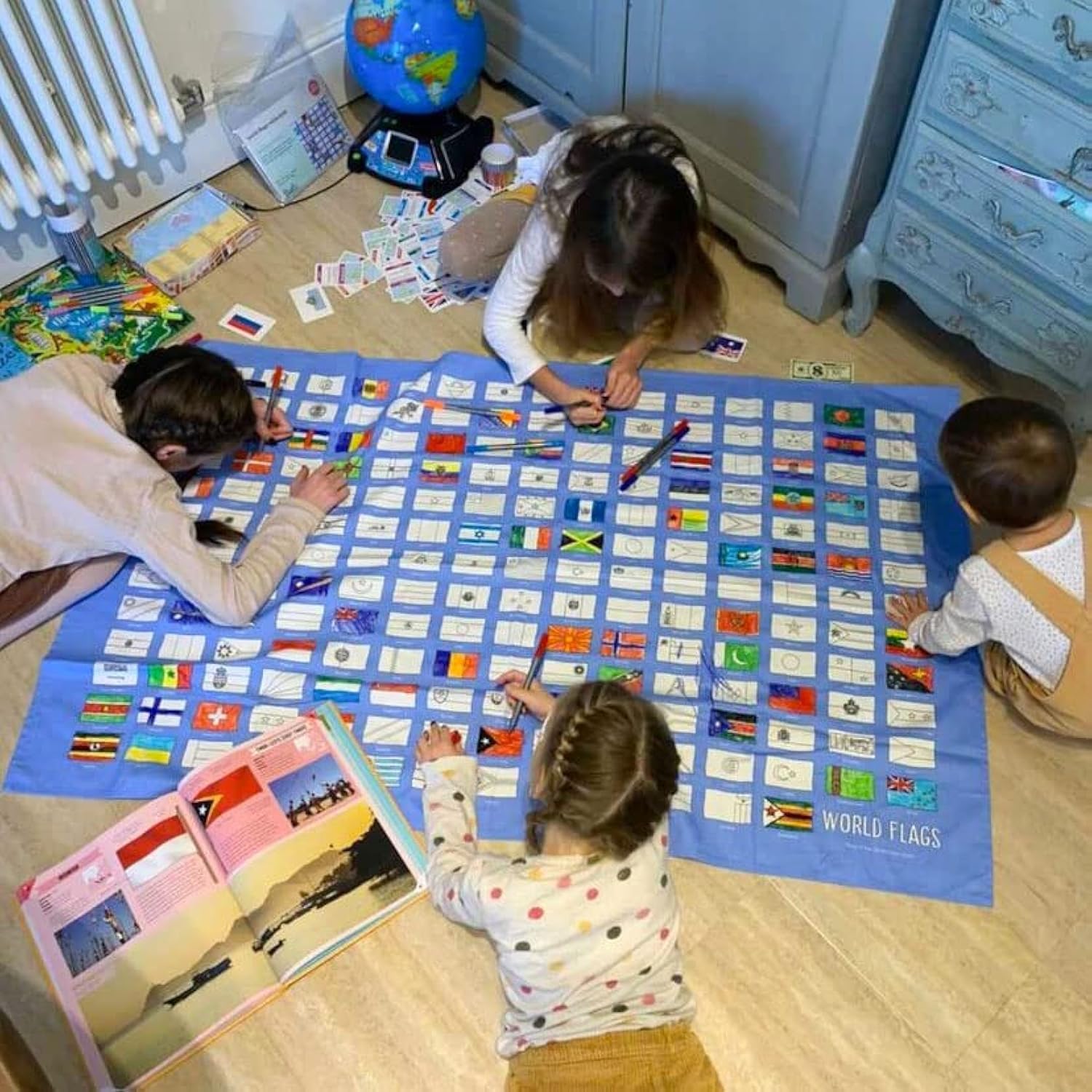 Eatsleepdoodle World Flags Colouring Tablecloth For Kids W/ 10Pk Washable Markers For Kids - 130X85cm Colouring Poster - Washable & Reusable