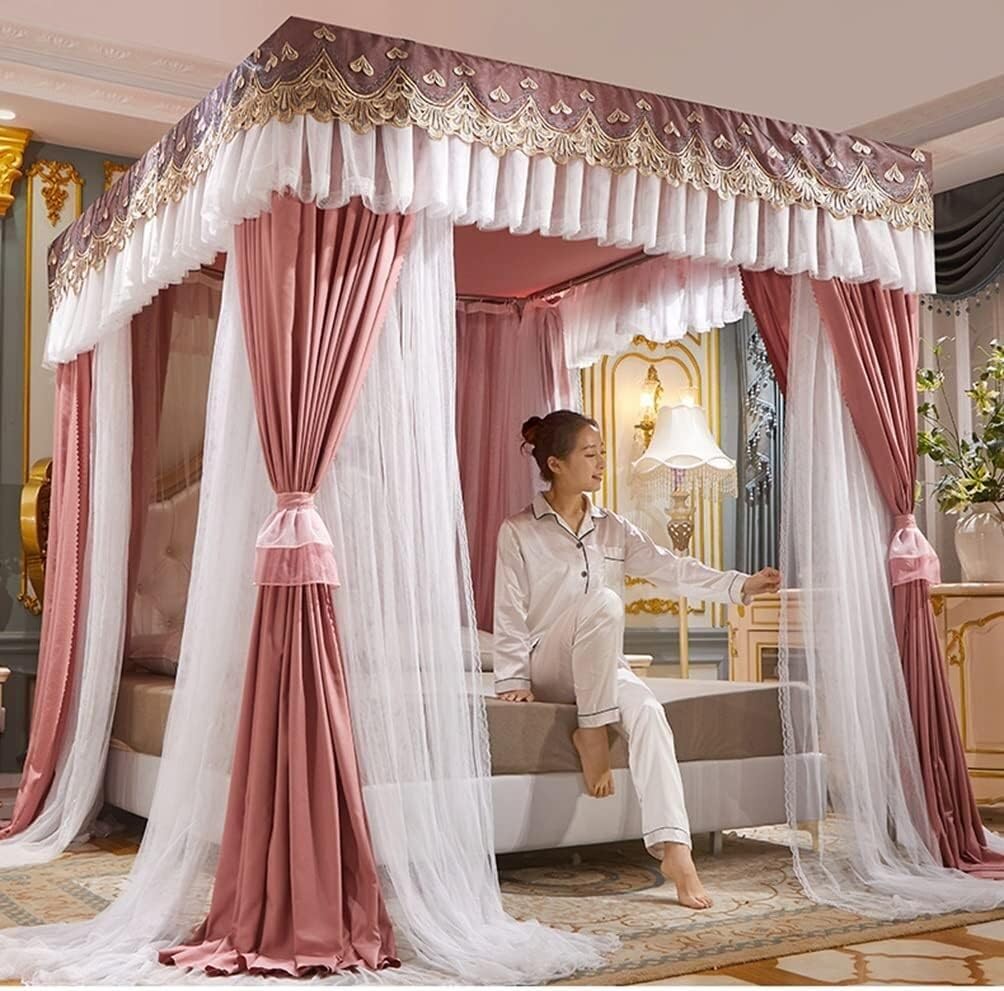 Moustiquaire de lit de luxe rose avec support et dentelle brodée pour chambre élégante