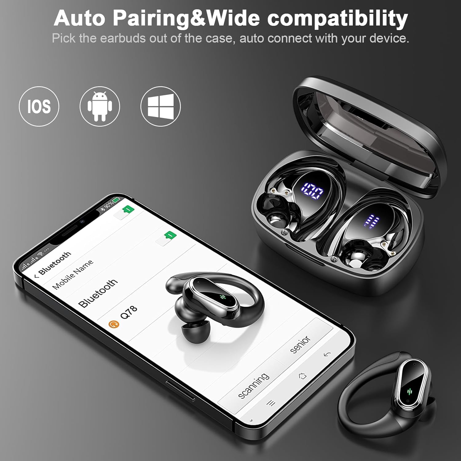 Cuffie Bluetooth Sport, Auricolari Bluetooth 5.3 Wireless con 4 ENC Cancellazione Rumore Mic, 50 Ore HiFi Stereo Cuffie Wireless, IP7 Impermeabile, Cuffiette Bluetooth con LED Display, USB-C, Nero