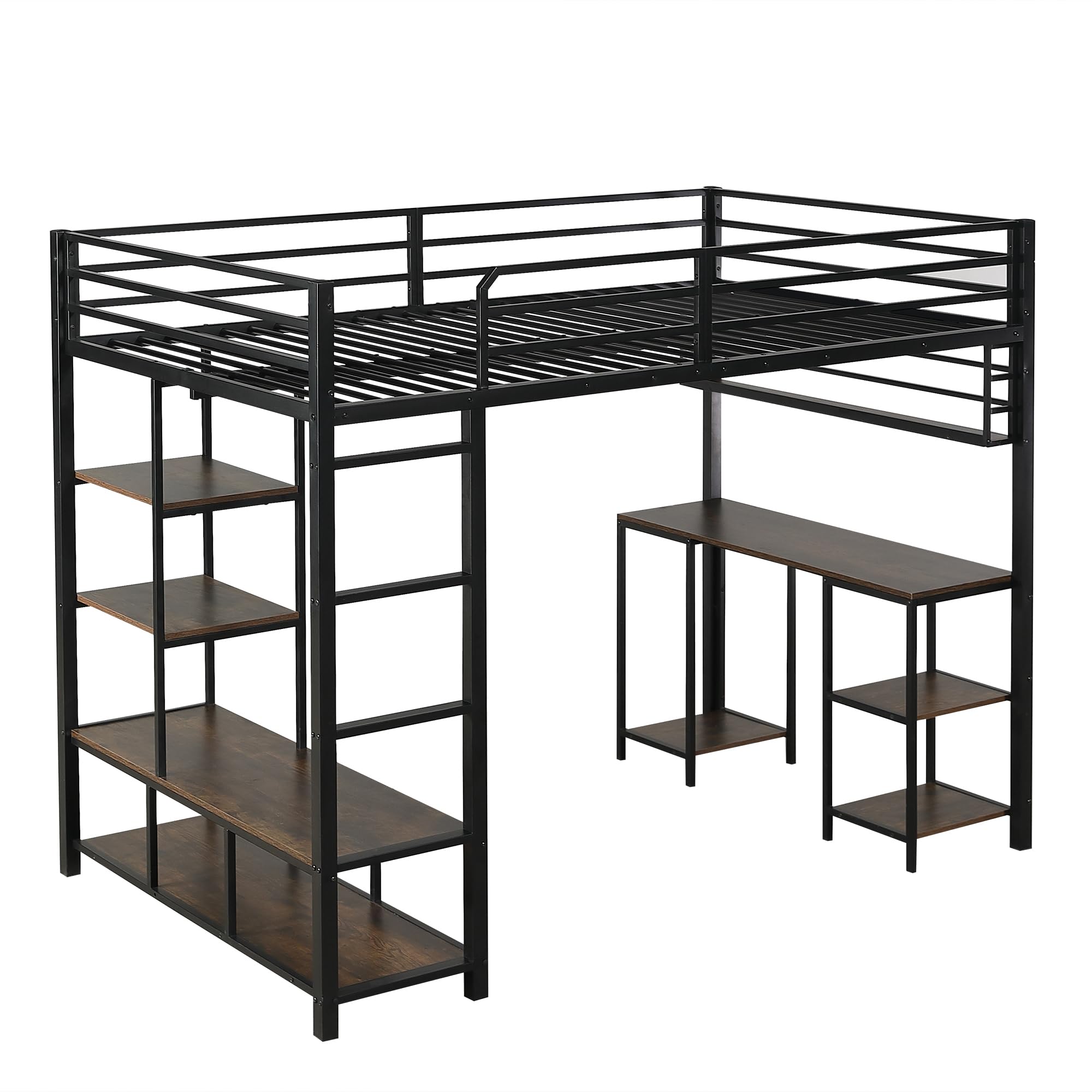 Idemon Cama alta de hierro, con escritorio y estante, somieres de listones estables, escalera de 4 niveles, hierro + aglomerado, negro y oscuro, 120 x 200 cm