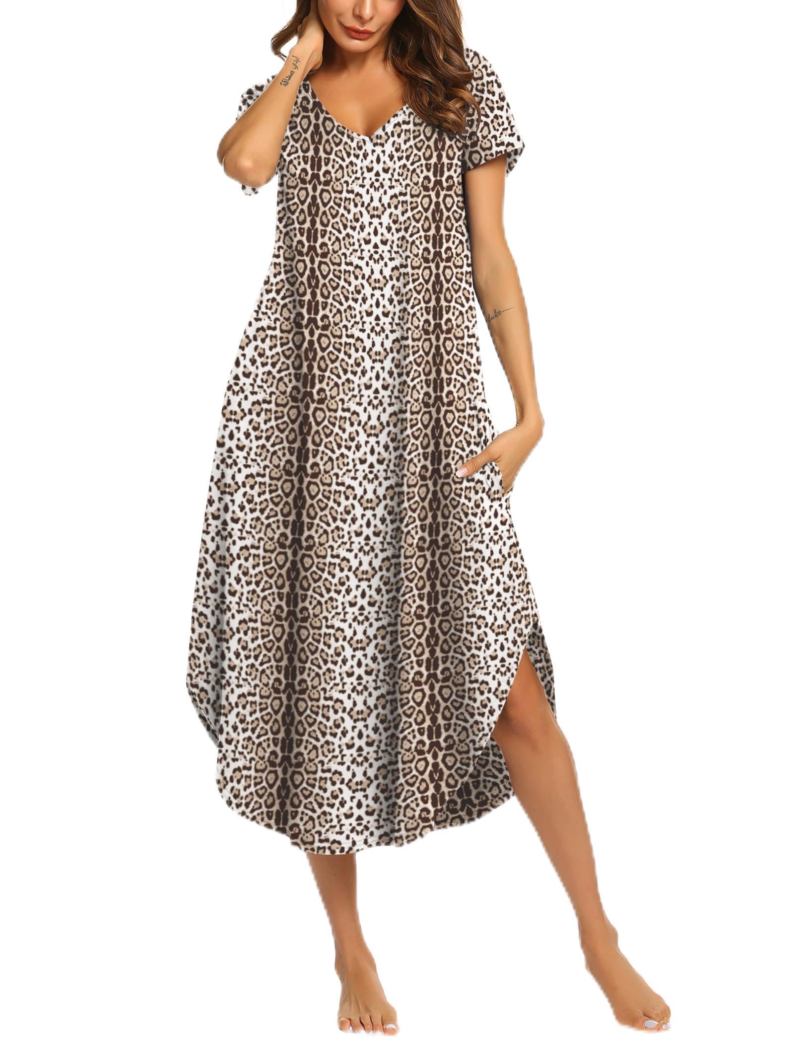 Ekouaer Long Nightgowns for Women Short Sleeve House Dress with Pockets V Neck Sleepshirts Side Split Sleepwear S-4XL