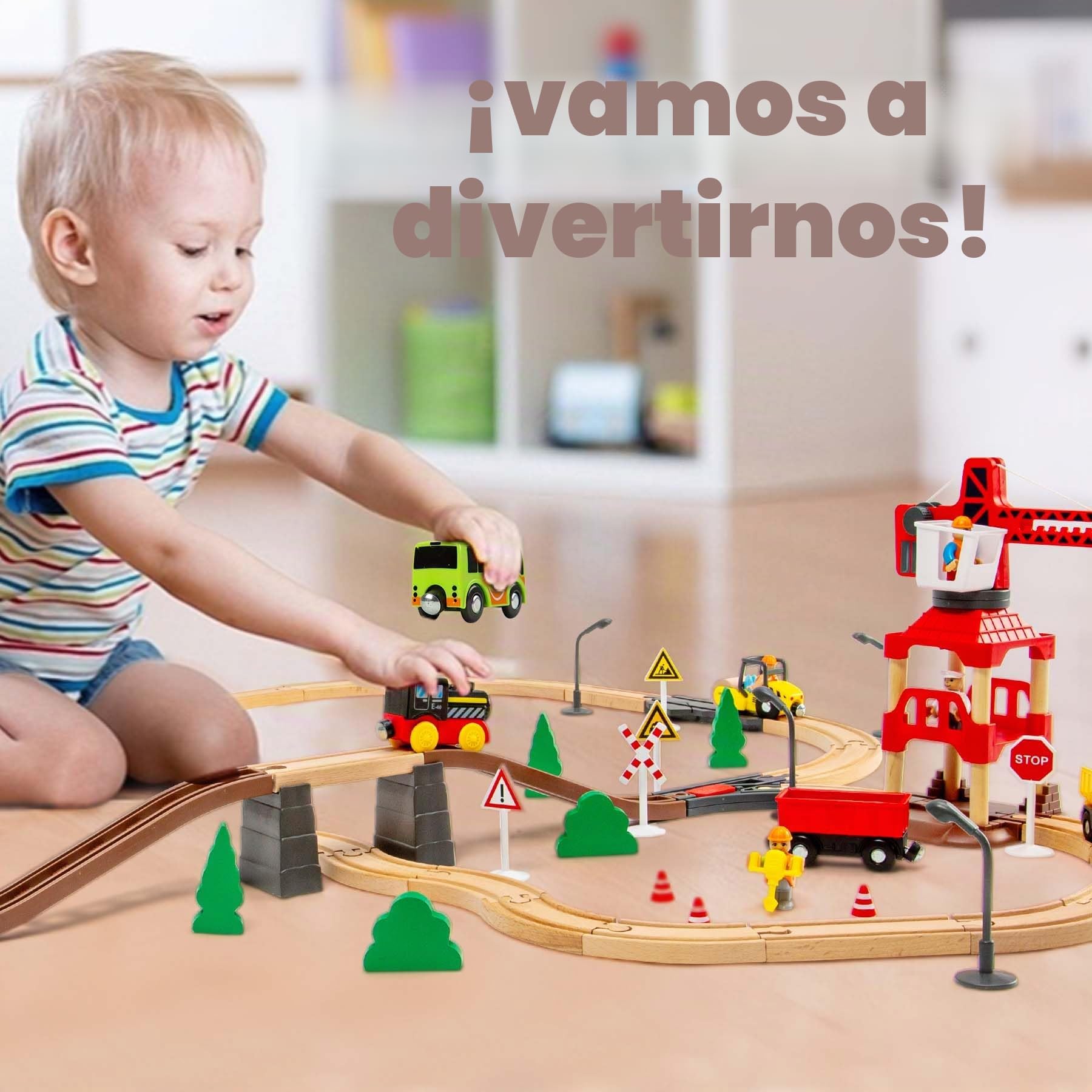 Set de Tren de Madera con Tren Eléctrico y Grúa Magnética, 86 Piezas Circuito de Tren de Construcción, Doble Nivel con Vías y Cambios, Compatible con Thomas, Brio, IKEA, Juguete Stem Regalo
