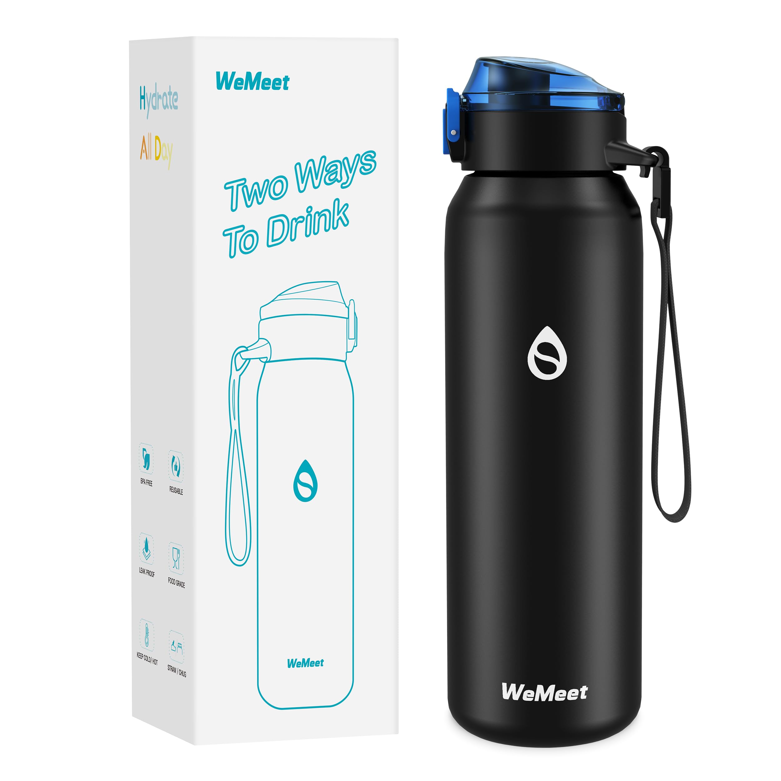 WEMEET Borraccia da 1000 ml, in acciaio inox con cannuccia rimovibile, in acciaio inox 18/10, senza BPA, con tracolla rimovibile per caffè, tè, perfetta per attività all'aperto, lavoro, bambini,