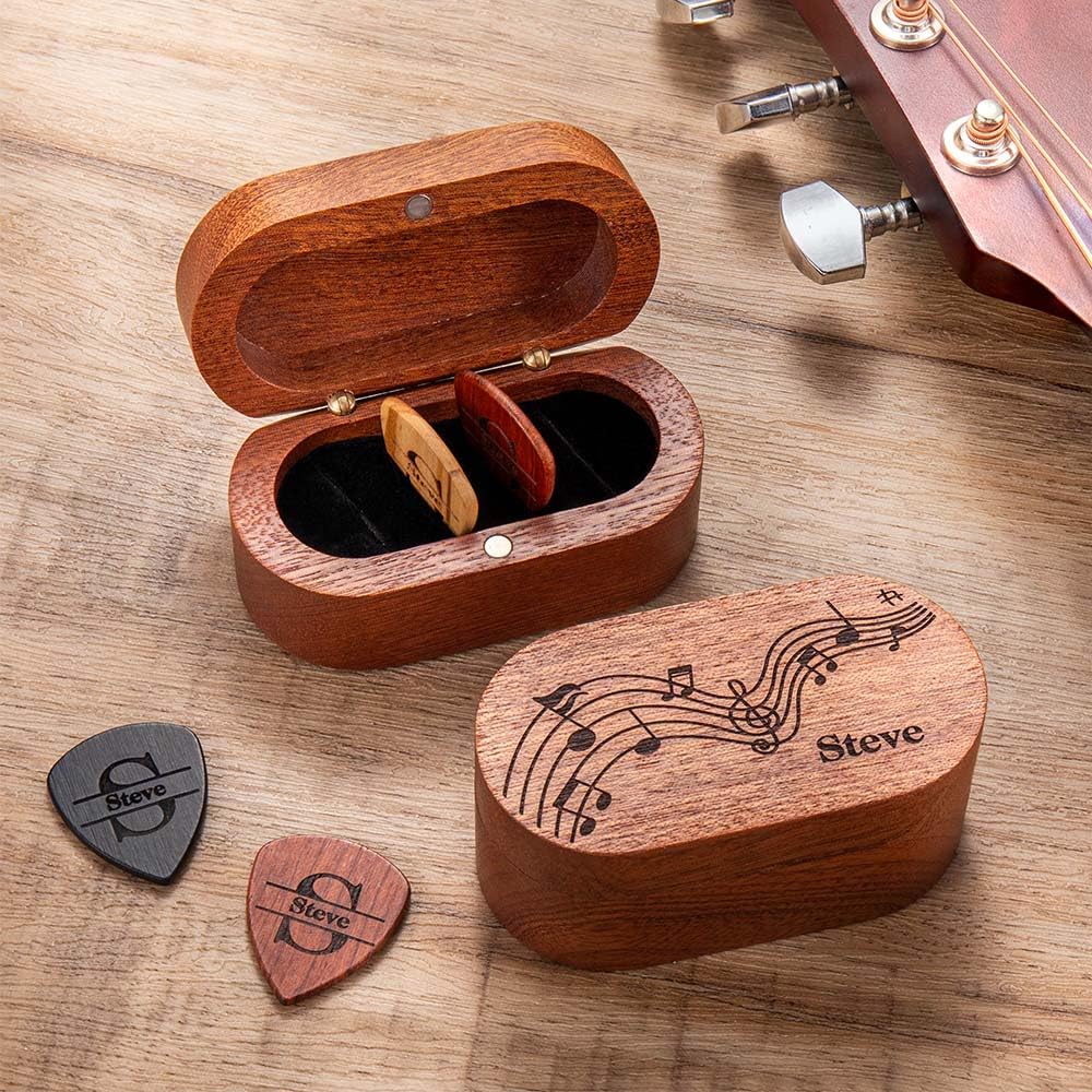 CALLIE Personalized Wooden Guitar Picks Storage Box Set with Engraved Name - Birthday Gift for Musician Guitar Player