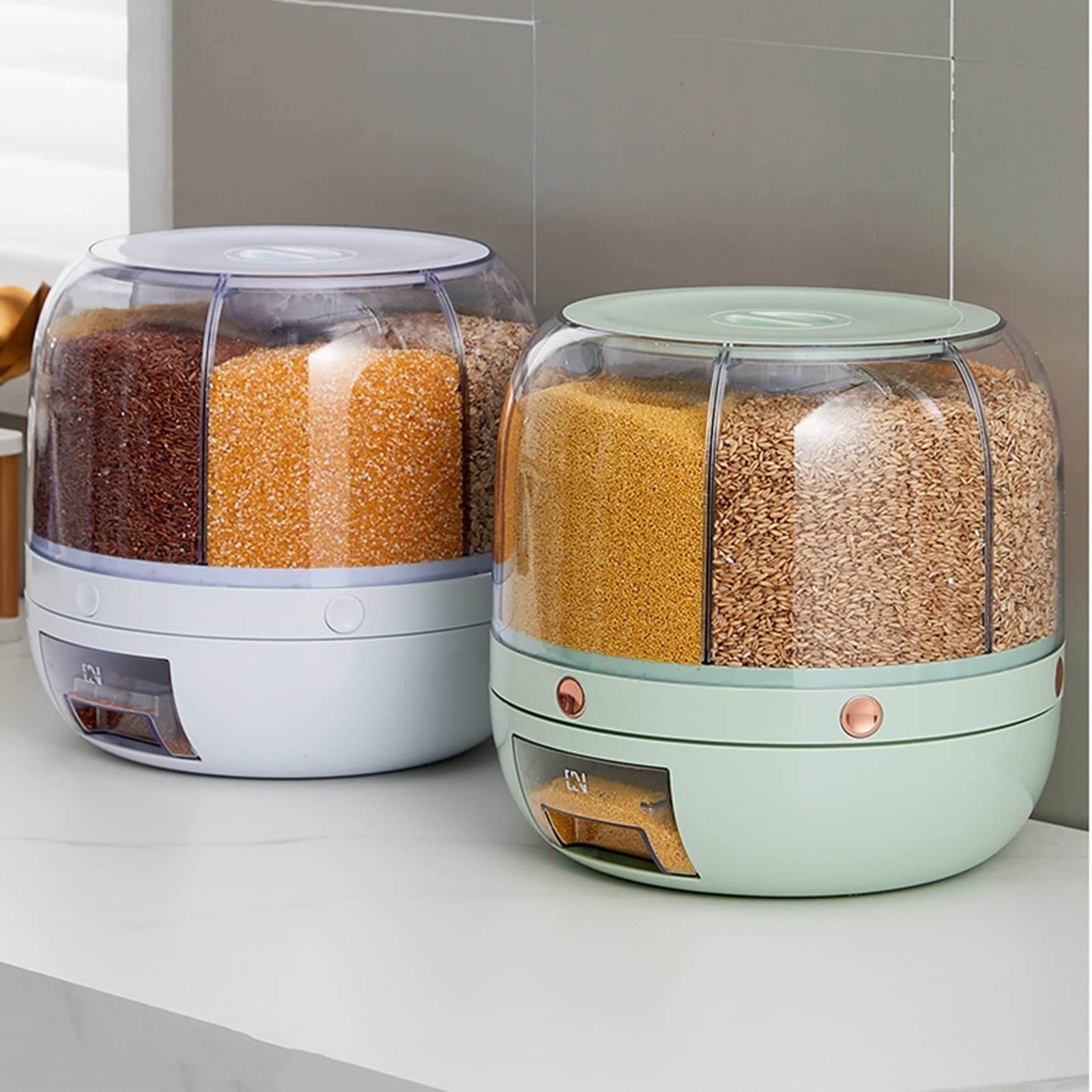 Contenitori per Alimenti Ermetici Distributore di cereali 6 scomparti - Girare Impilabile Sigillabile Piccolo Contenitore per la conservazione del grano, 10 kg Cibi Secchi/ Mais/ Fagioli/ Noci, Piano