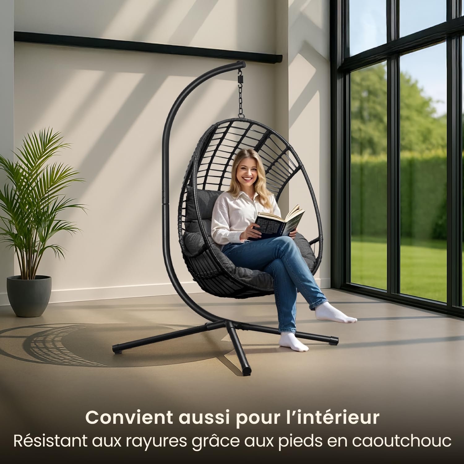 Swoods Fauteuil Suspendu Egg XXL - Chaise Suspendue avec Support - pour Intérieur et Extérieur - INCL. Oreillers - Chaise Egg - Cocoon - Chaise Oeuf - Jusqu'à 150kg (Gris foncé)