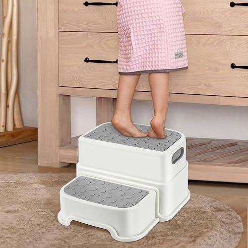Miniatura 10 de Welspo Taburete de 2 escalones para niños, antideslizante con asas, taburete de dos pasos para baño, cocina, dormitorio, sala de estar (verde)