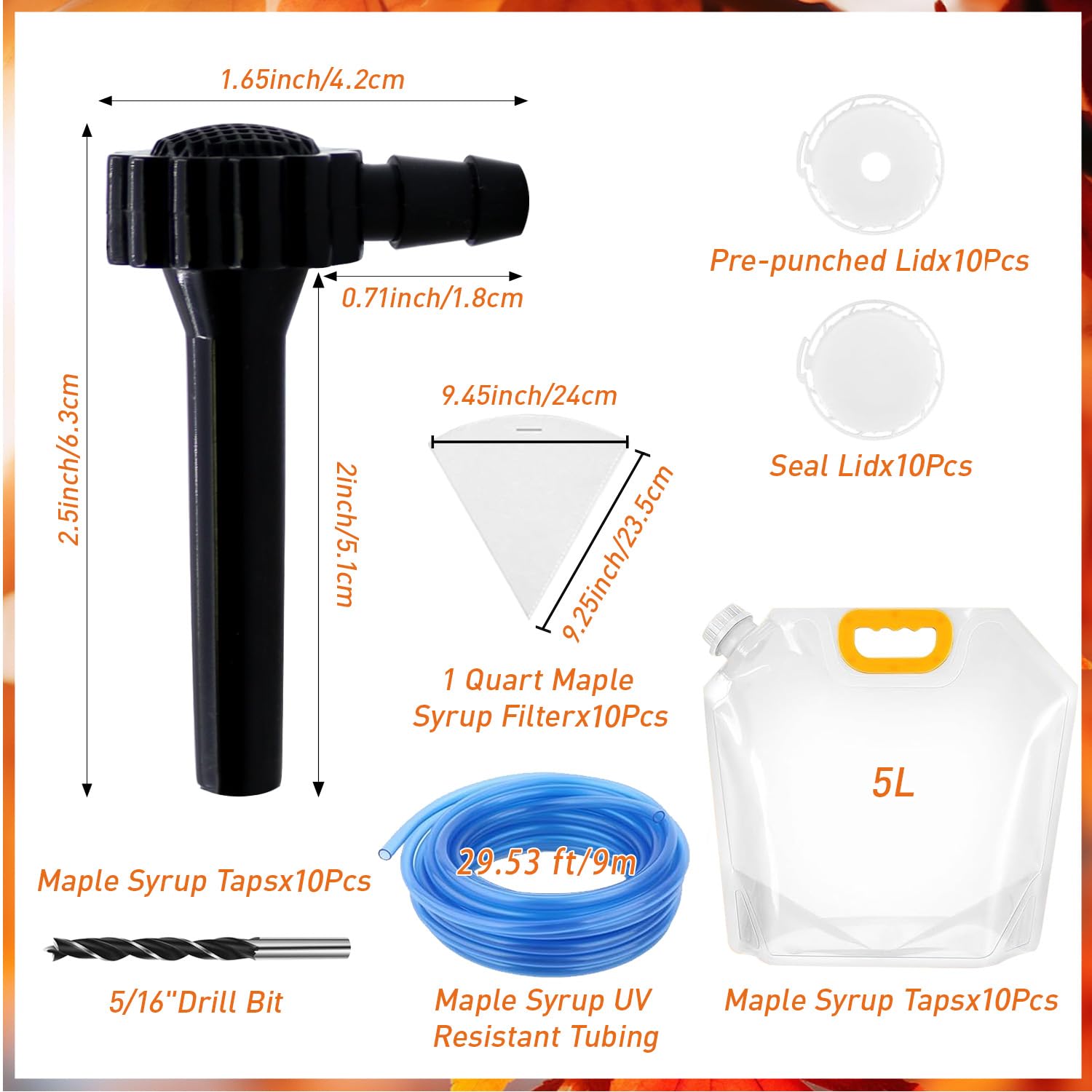 10 Sets Maple Syrup Tree Tapping Kit - (10) 5/16" Taps for Maple Trees, 29.53Ft Tubing, (10) 1 Quart Filters, (1) Drill Bit, (10) 5L Bags, (10) perforated and (10) non-perforated lids for Experts or Beginners (10 Pacakge)