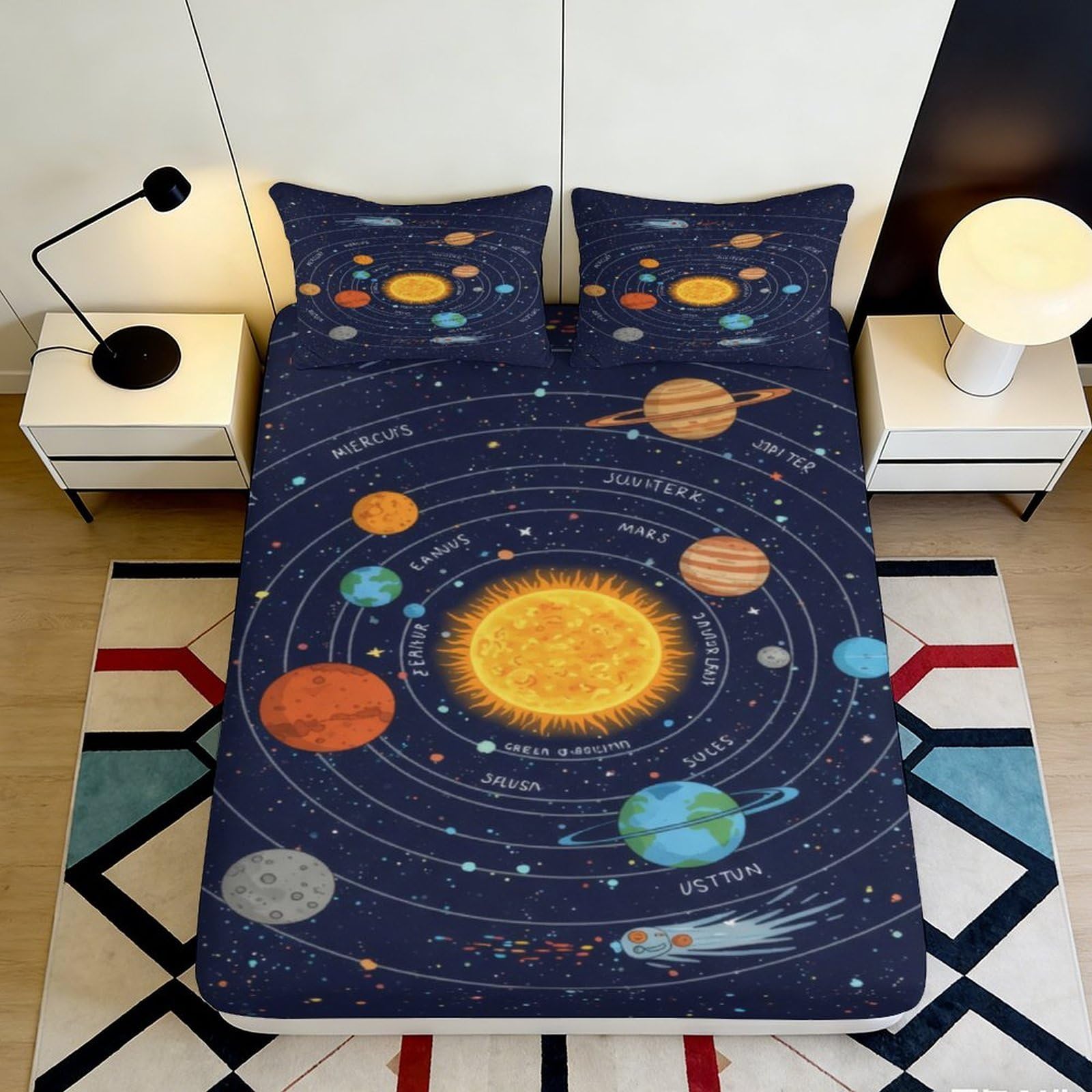 3D Printed Solar System Fitted Sheet Microfiber Soft Breathable Universe Planets Mattress Cover for Bedroom Dorm Decor 120x200x25cm