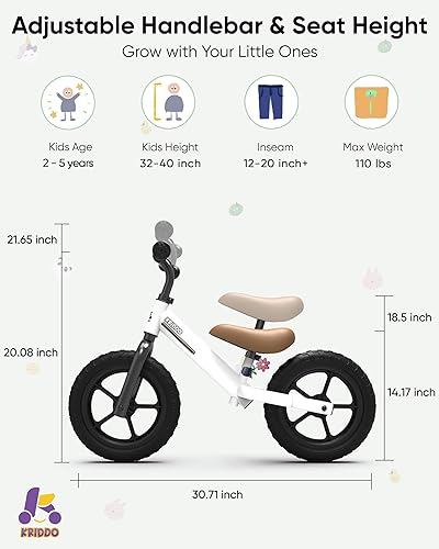 Miniatura 7 de KRIDDO Toddler Balance Bike 2 Year Old, Kids Balance Bike for 2-5 Years Old, Dual Bearing for Smoother Riding, Adorable Plate, Adjustable Seat and