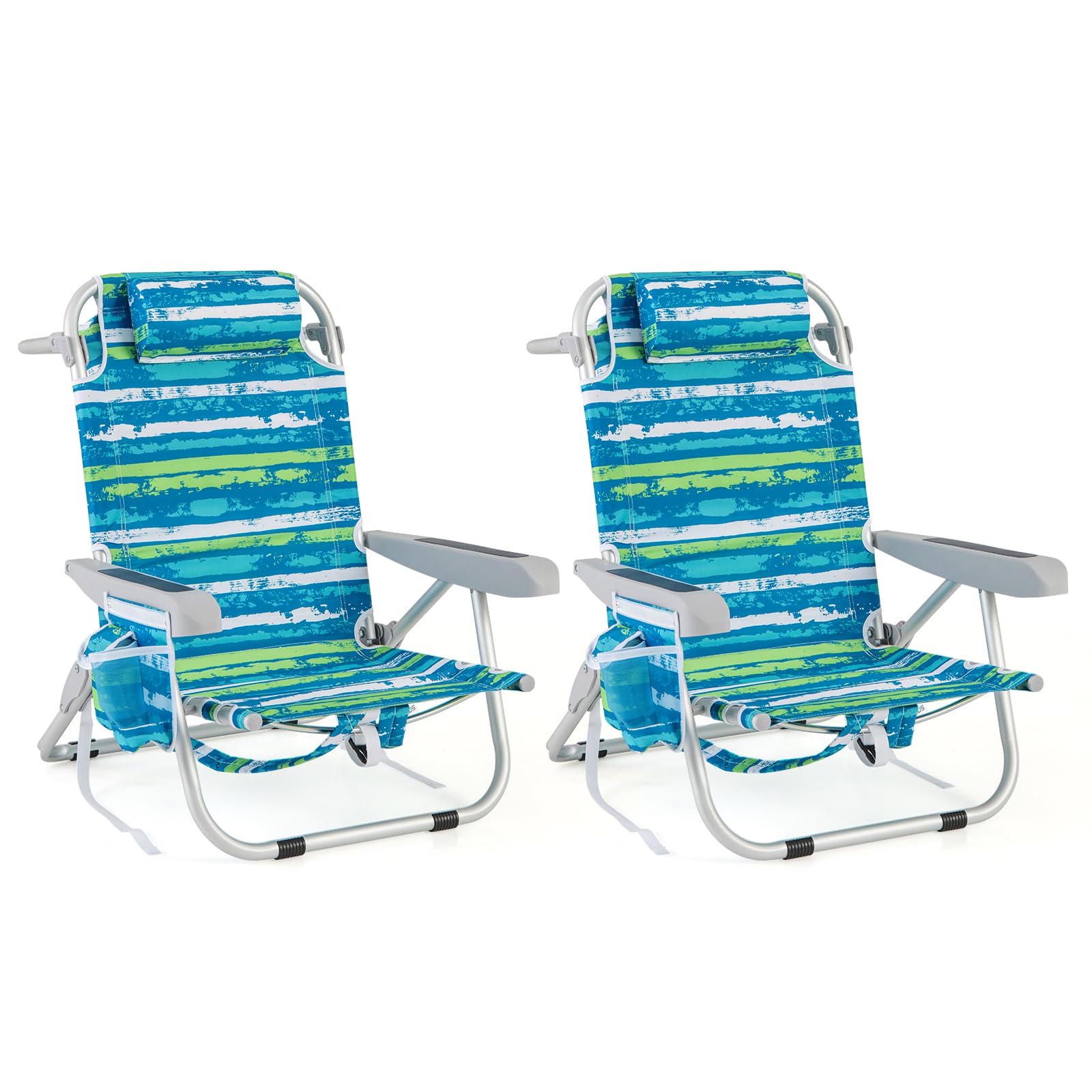 GOPLUS Silla Playa Plegable, Silla de Camping Ligera con Respaldo Ajustable en 5 Posiciones, Barra para Toallas, Portavasos, Almohada, Correas, Tumbona Exterior Reclinable, Carga 150 kg (Verde+Azul,2)