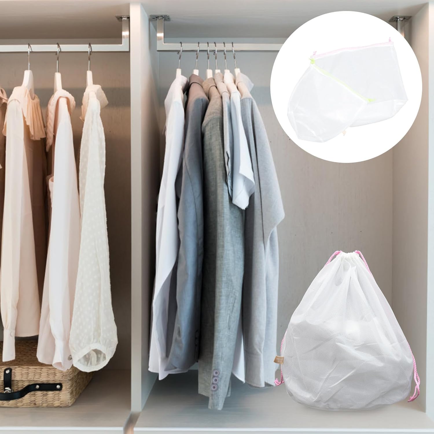 Zerodeko Travel Drawstring Laundry Bags 2pcs Set, Foldable Mesh Washable Laundry Bags with Thickened Cord for Dirty Clothes Storage, Suitable for Travel and Outdoor Use