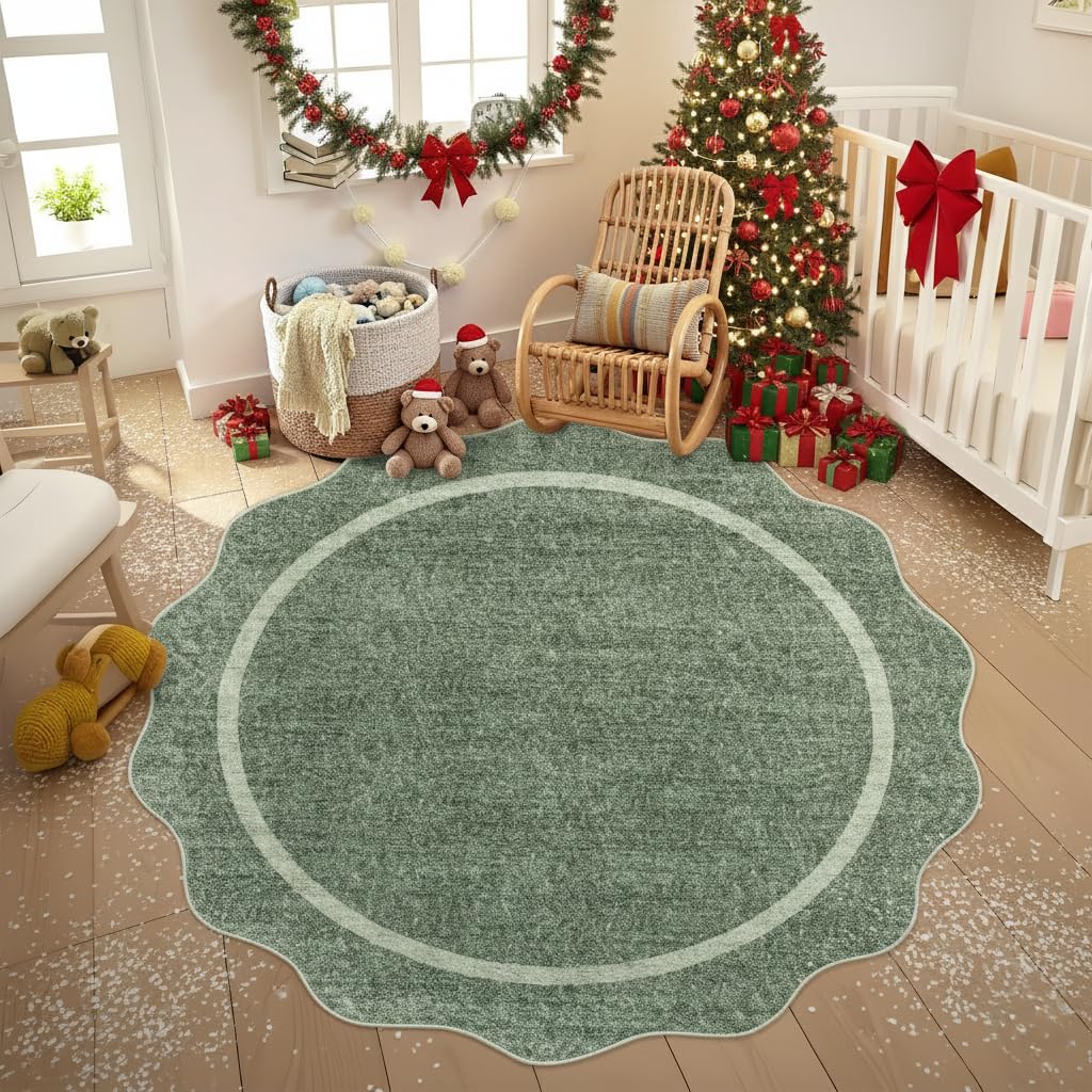 Photo 1 of GarveeHome Scalloped Washable Round Rug - 4 ft, Greyish Green