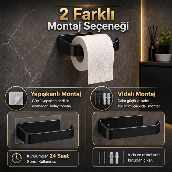 Alper Banyo Siyah Lamalı Tuvalet Kağıtlığı, Hem Yapışkanlı Hem Vidalı Montajlı WC Kağıt Askılığı, Açık Uç Tasarımlı Banyo Tuvalet Kağıdı Tutucu, Mat Siyah Modern Kağıtlık