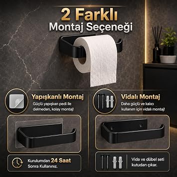 Alper Banyo Siyah Lamalı Tuvalet Kağıtlığı, Hem Yapışkanlı Hem Vidalı Montajlı WC Kağıt Askılığı, Açık Uç Tasarımlı Banyo Tuvalet Kağıdı Tutucu, Mat Siyah Modern Kağıtlık