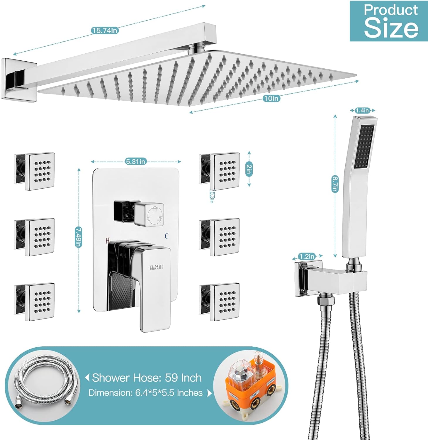Tор Rаtеd Shower Body System, Rainfall Shower with Jets 10 Inch Wall Mounted, Rain Shower Head with Handheld Spray, 6 Body Sprays, Shower Head with Jets Rough-in Mixer Valve and Trim Included Shower Combo Set