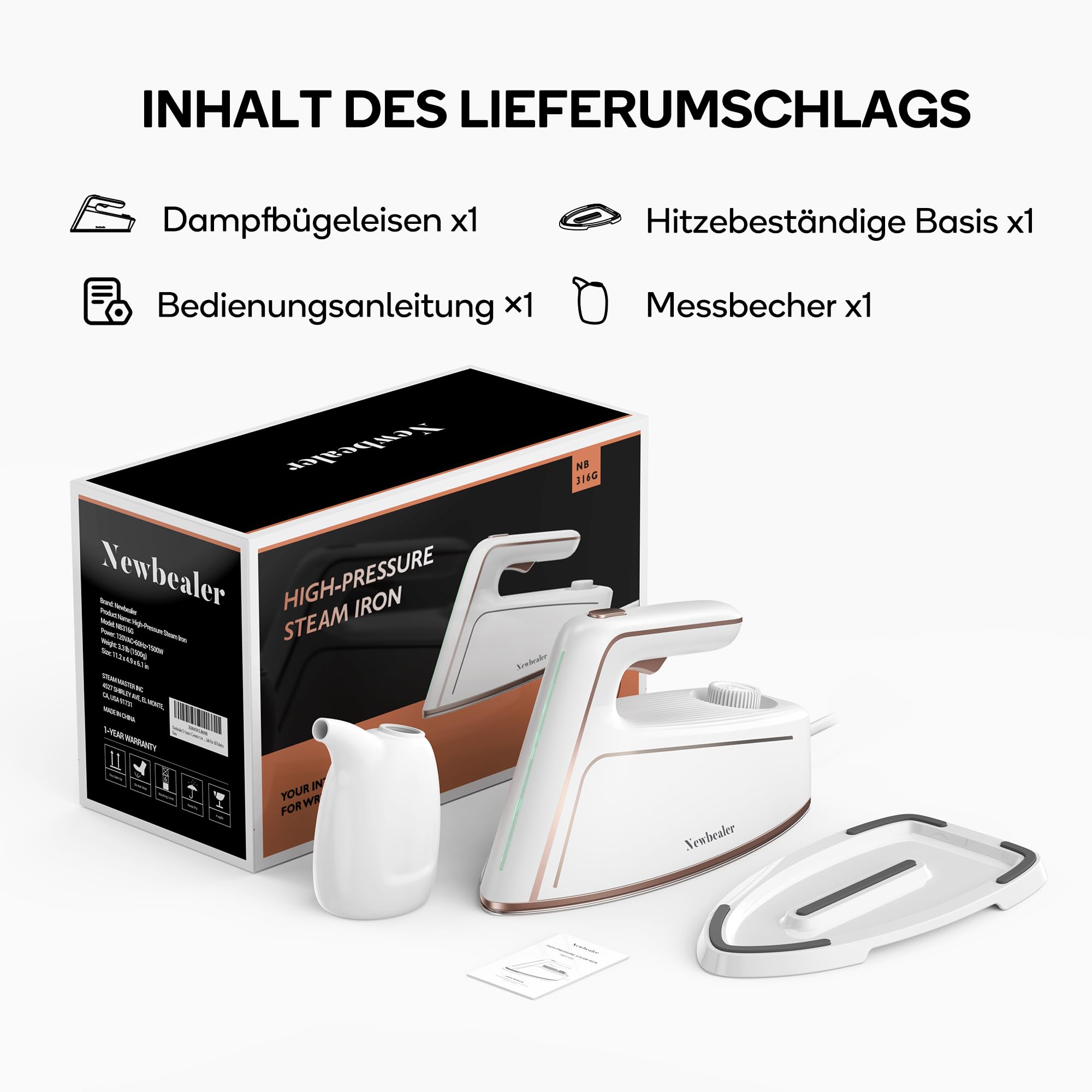 Newbealer Dampfbügeleisen, 1500W Bügeleisen, 5 Bar Dampfdruck, 250 ml Wassertank, max. 100 g/min Dampfabgabe, Antihaftbeschichtete Bügelsohle für müheloses Bügeln