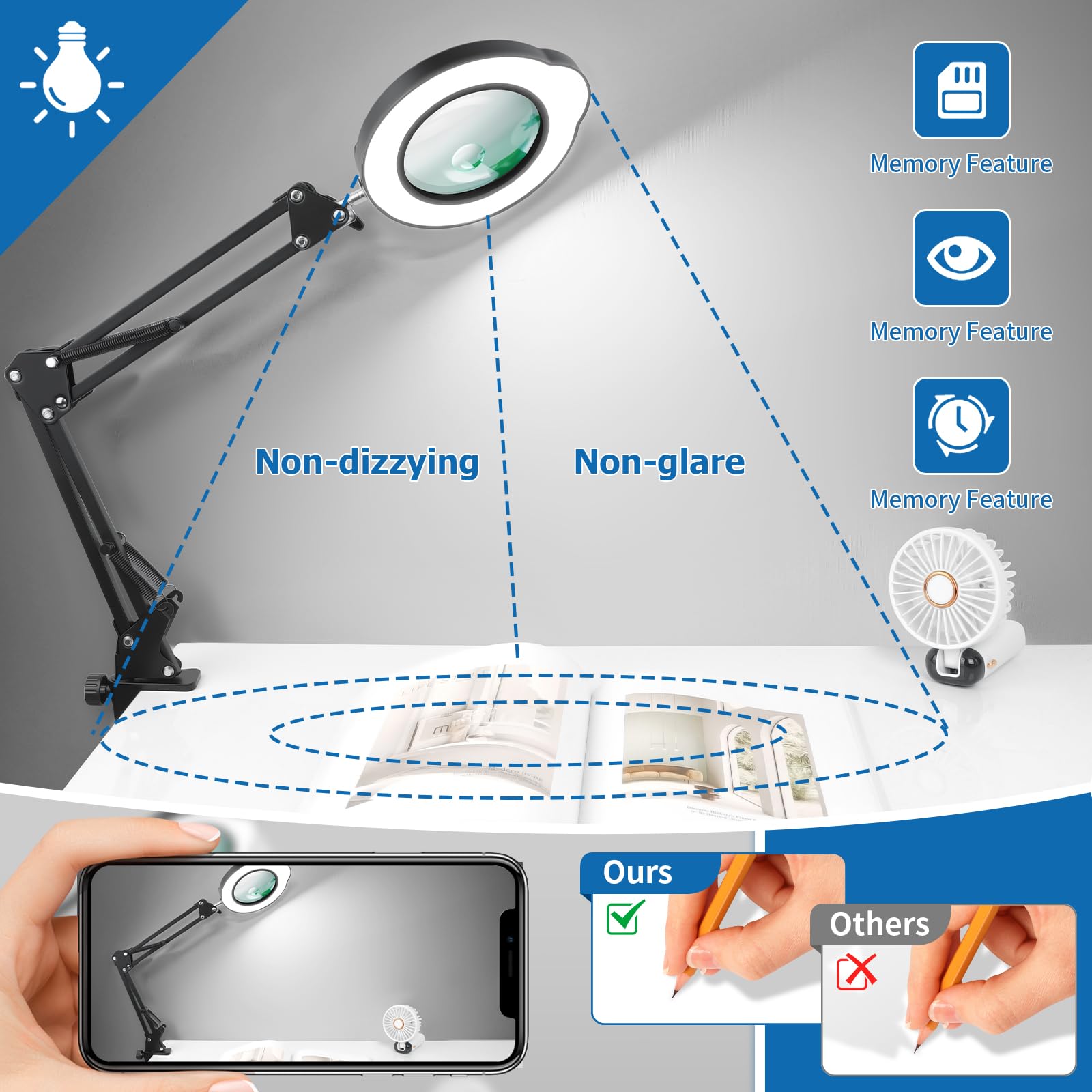 Loupe 15X 30X avec lumière et support, lampe de bureau LED avec base et pince, 5 modes de couleur, 10 niveaux à intensité variable, loupes mains libres pour la lecture, le travail rapproché