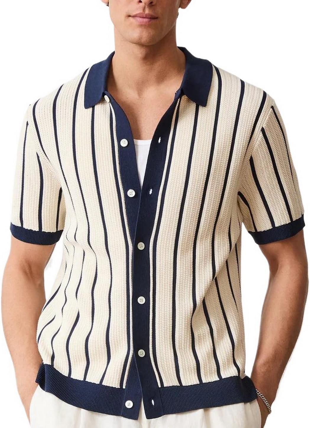 Men's Vintage Knit Polo Shirt Short Sleeve Striped Multicolor Button Down Knitting Golf Shirts Top
