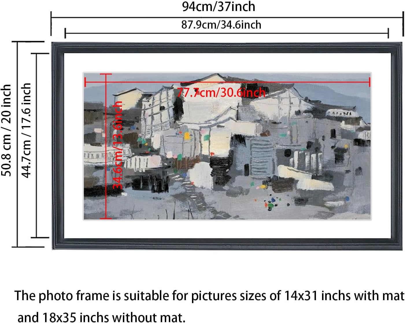 Mxtallup 18x35 Picture Frame Black Solid Wood 14X31 Frame Fits Photo 18x35 without Mat or 14x31 with mat (T23B1835W1431)