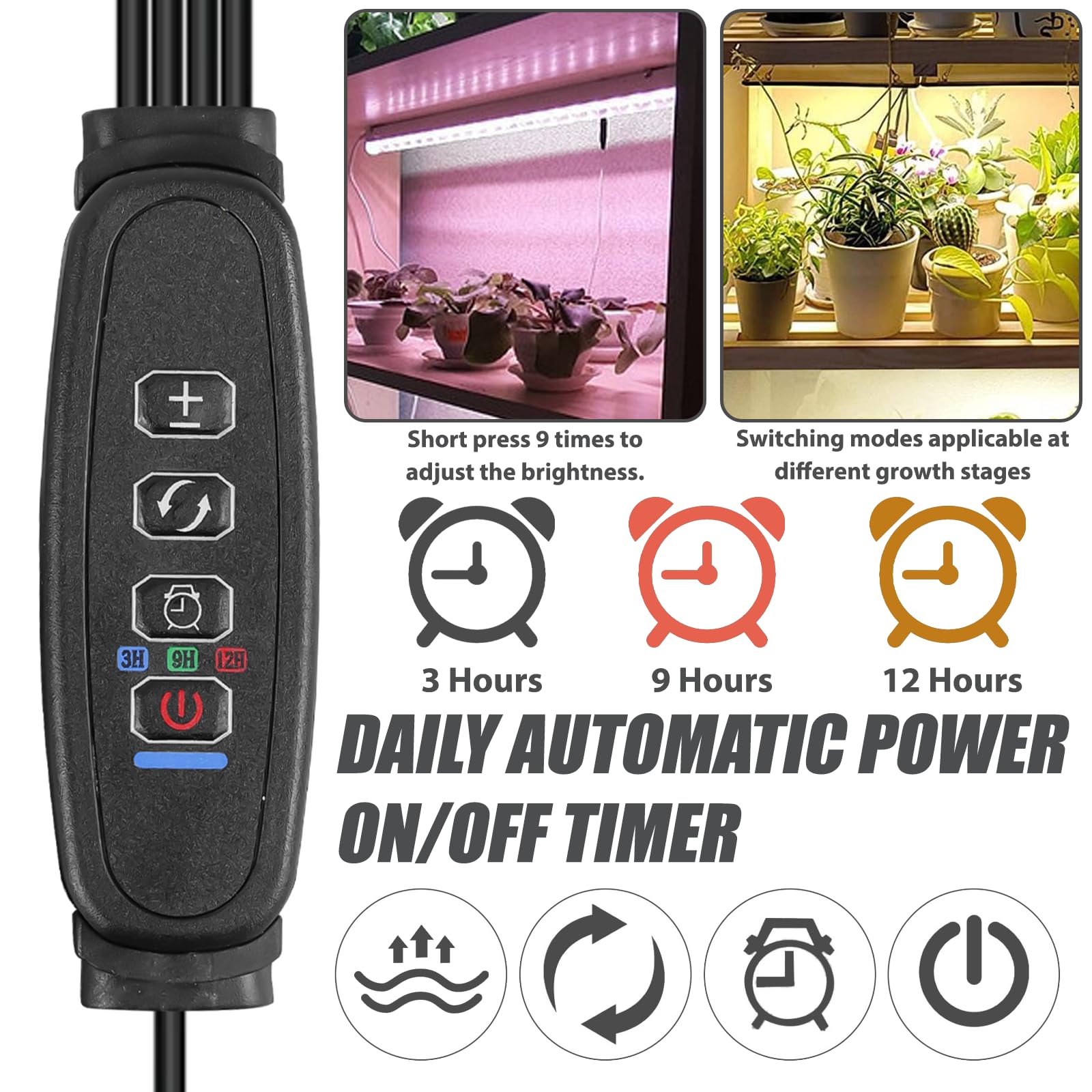 Lámpara LED de espectro completo para plantas (4 unidades, luz LED para plantas con temporizador, lámpara LED para plantas de interior, lámpara UV de crecimiento para plantas con 3 modos de