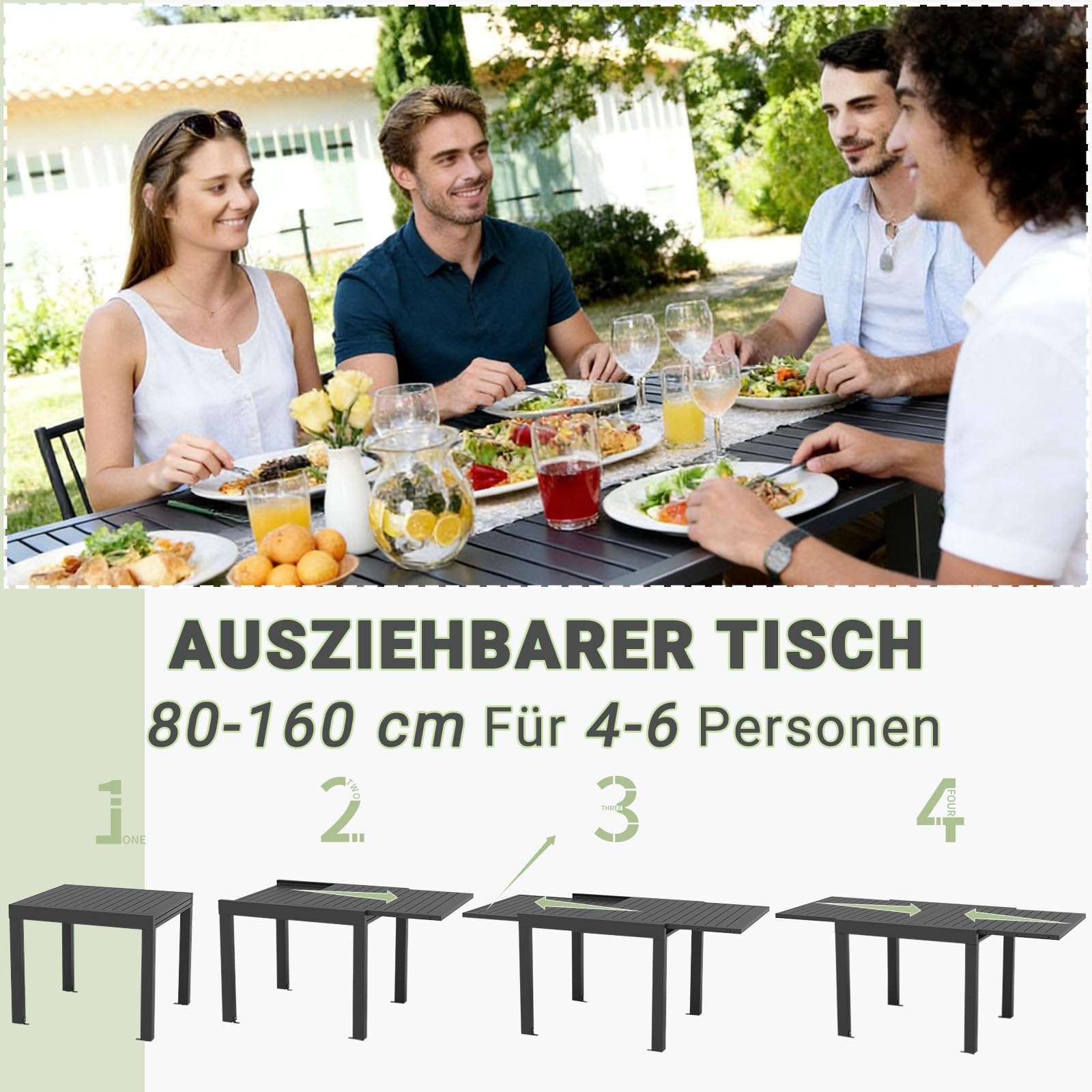 TRIUMPHKEY Gartenmöbel Set 6 Personen, Balkonmöbel mit Aluminium, 6 Stapelstühle und 1 80/160 cm Gartentisch Ausziehbar, Terassenmöbel Außen, Dunkelgrau