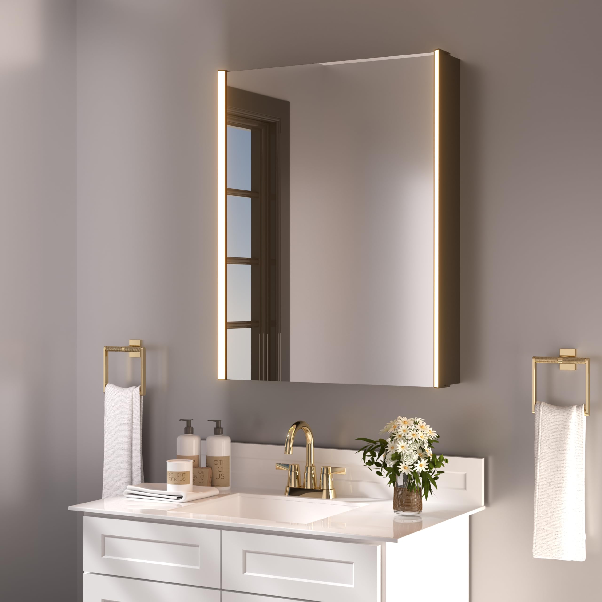 Armoire à pharmacie lumineuse à DEL de 76,2 cm x 58,2 cm avec miroir, bois résistant à l'humidité, intensité variable en continu, 3000 K/5500 K, étagère réglable, design à plat