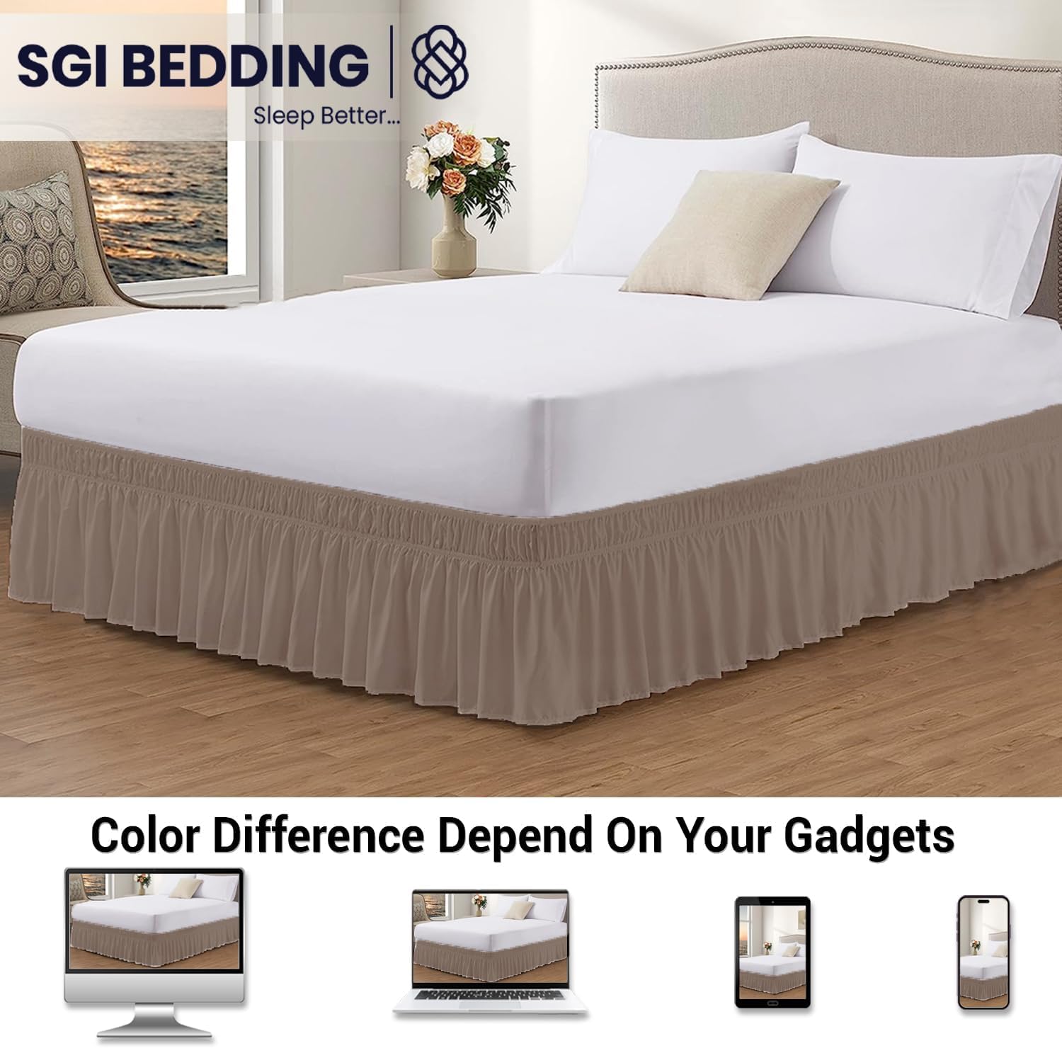 SGI 9 Inch Drop King Size Camel Brown Solid Bed Skirt Wrap Around Pattern Easy Fit Easy Care Fade & Wrinkle Resistant- Microfiber Made