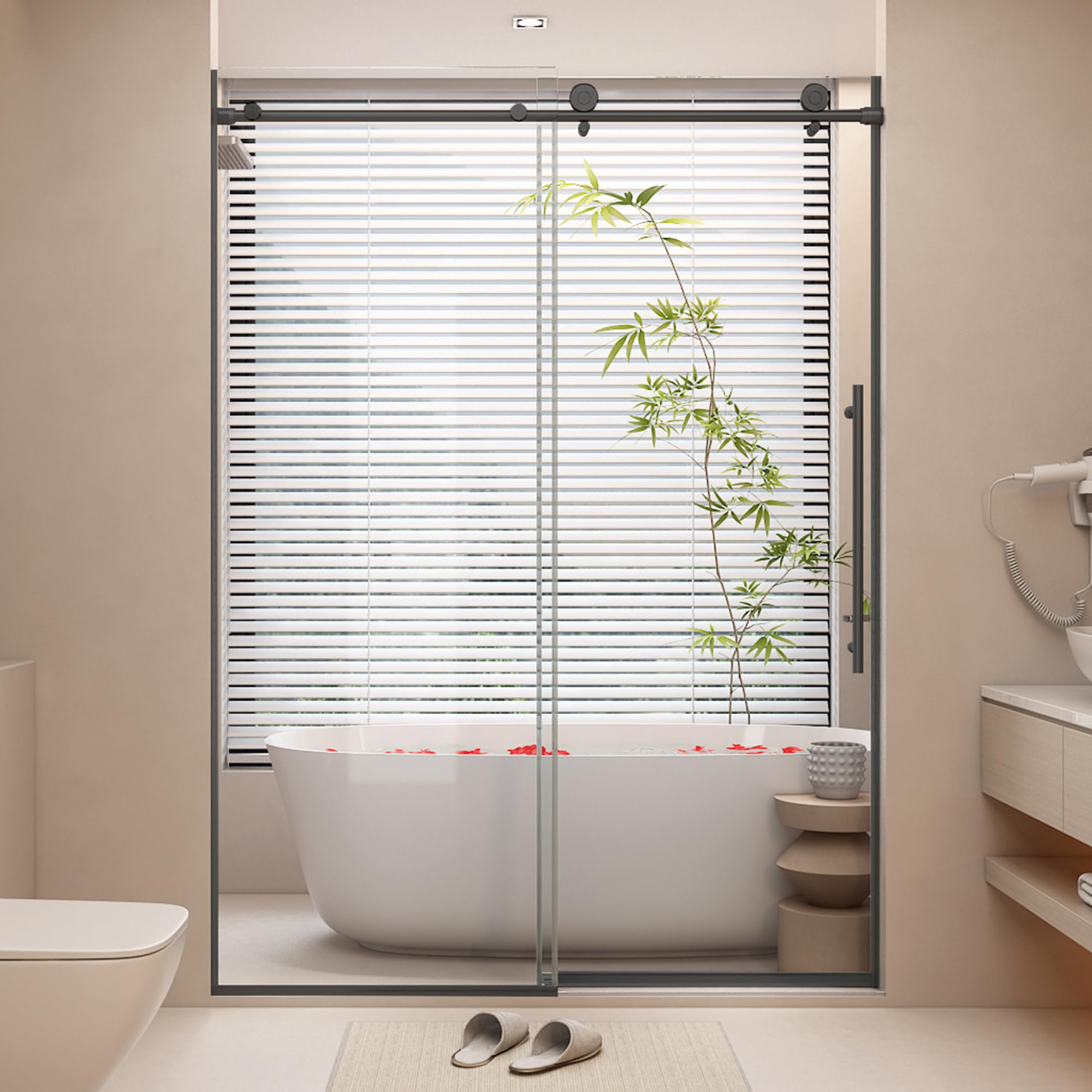 Sunrosa 59 5/8" W x 76" H Frameless Shower Door, Sliding Shower Door with 3/8" (10 mm) Clear SGCC Tempered Glass, Bathroom Glass Shower Door in Matte Black