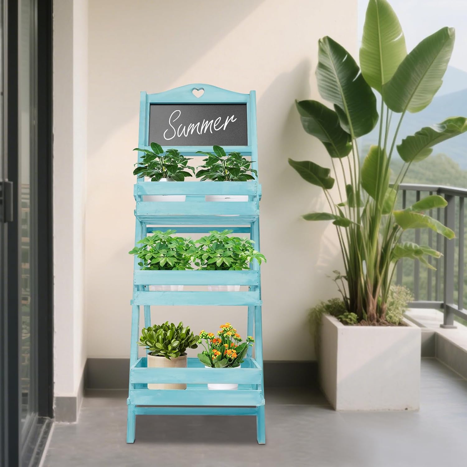 3-Tier Plant Stand, Wooden Plants Ladder Shelf Small Flower Pot Holder Display Storage Rack with Chalkboard for Garden Balcony Yard Florists (Blue)