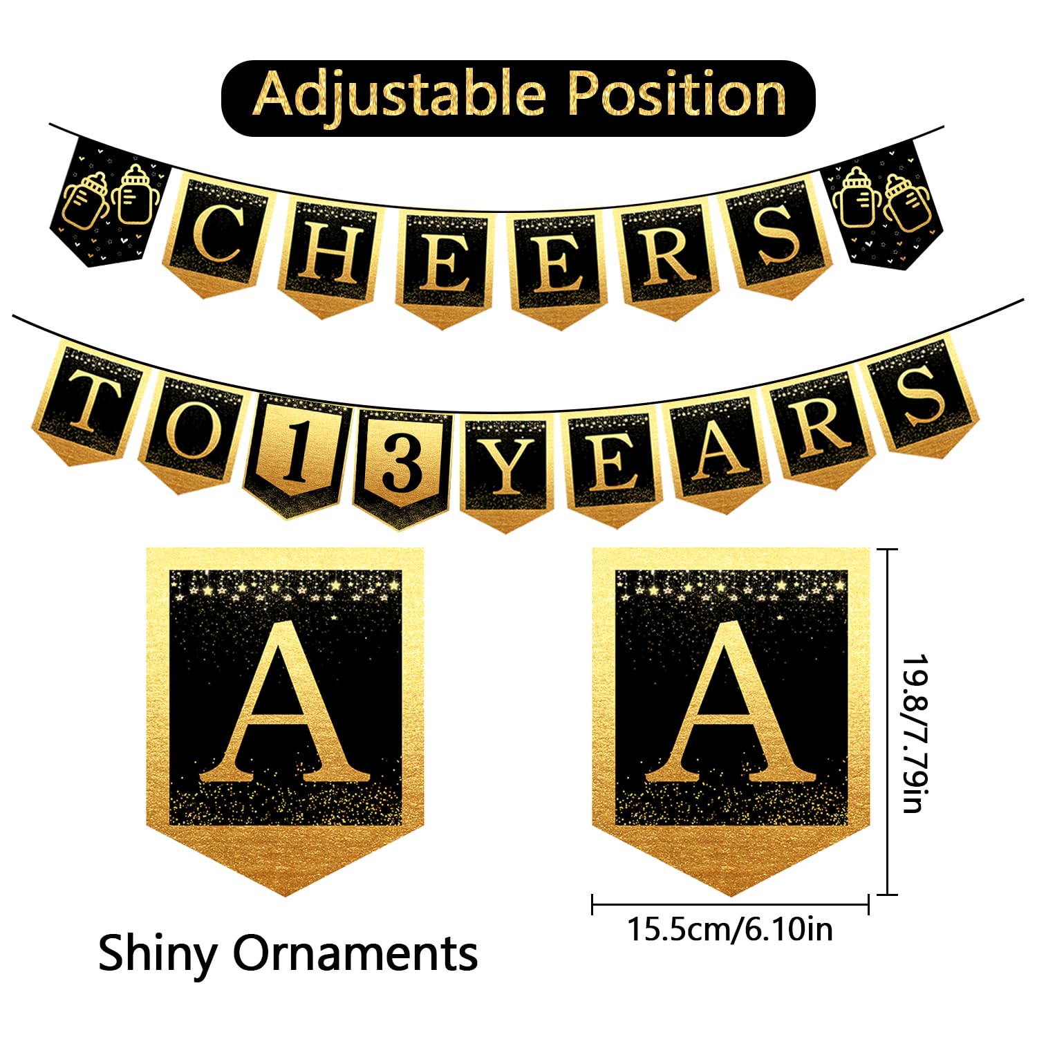 13 Years Loved Banner – Gold Glitzer Wimpelkette Für 13. Geburtstag, Vormontiert, 1,2 M Breit, 3 M Schnur