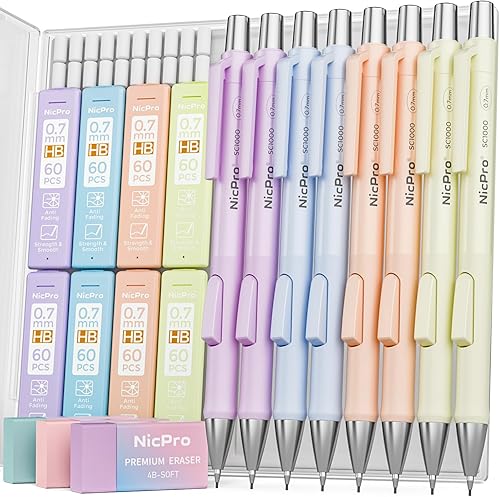 Nicpro Paquete de 8 lápices mecánicos pastel de 0.028 in, bonito juego de lápices mecánicos de clic rápido con 480 repuestos de plomo HB, 3