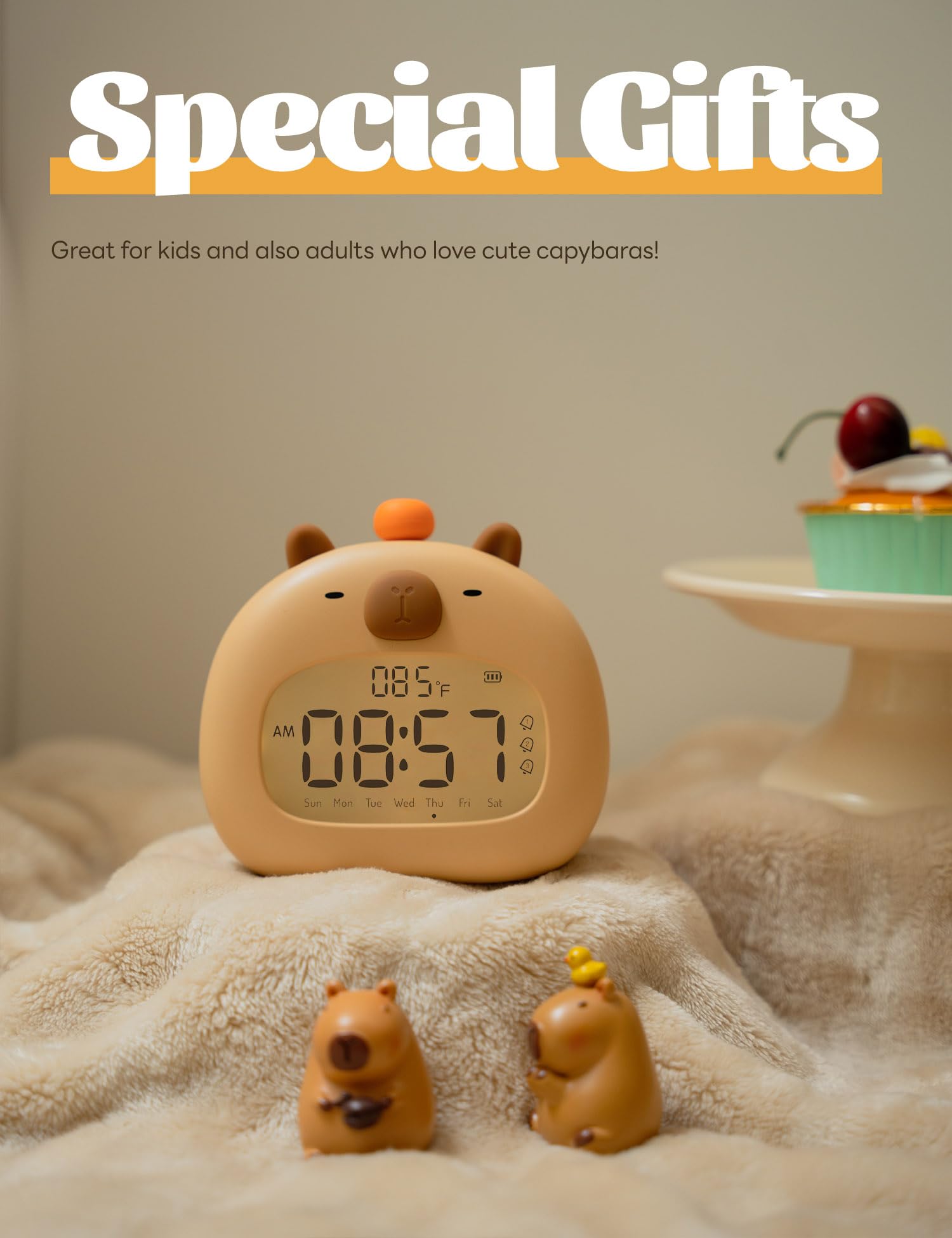 IHALO Capibara Sveglia Bambini, Comodino con Luce Notturna, Display Digitale LED 3,15 Pollici, Tre Allarme, Modalità Weekend, Data, Ora, Temperatura, Ricaricabile, Decorazione Cameretta per Bebè