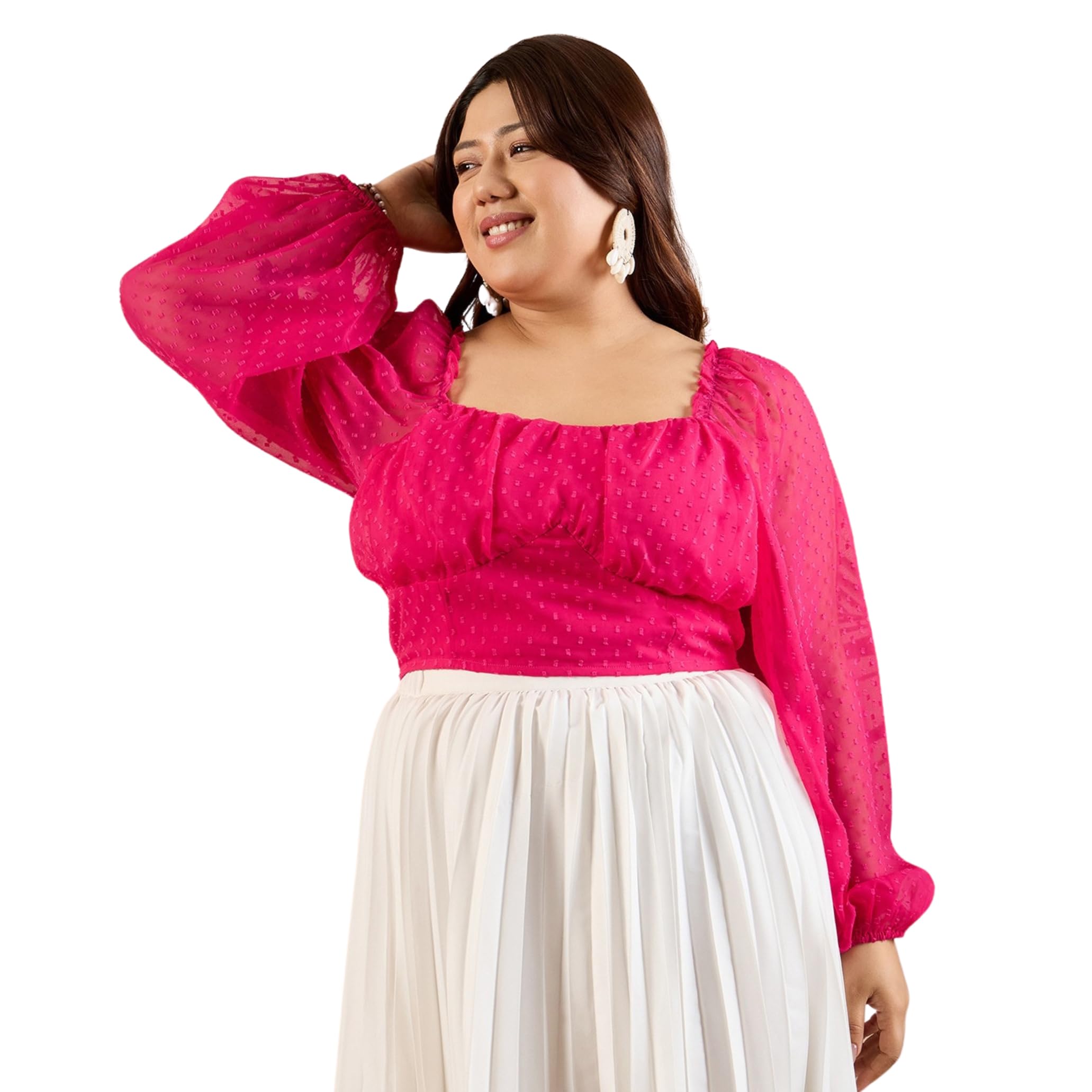 Berrylush Women Plus Size Solid Dobby Weave Sweetheart Neck Puff Sleeves Georgette Semi-Sheer Pleated Empire Crop Top in neutral