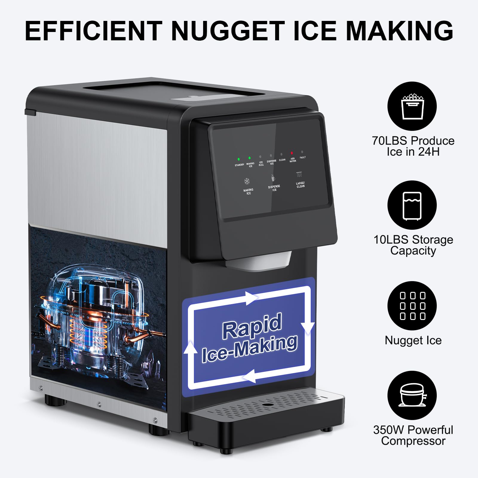 Nugget Ice Maker Countertop, Pellet Crushed Chewable Ice Cubes 70lbs/24h Ice Dispenser Countertop Stainless Steel Ice Maker Machine For Home Office Kitchen Party on Fridge.com - View 6