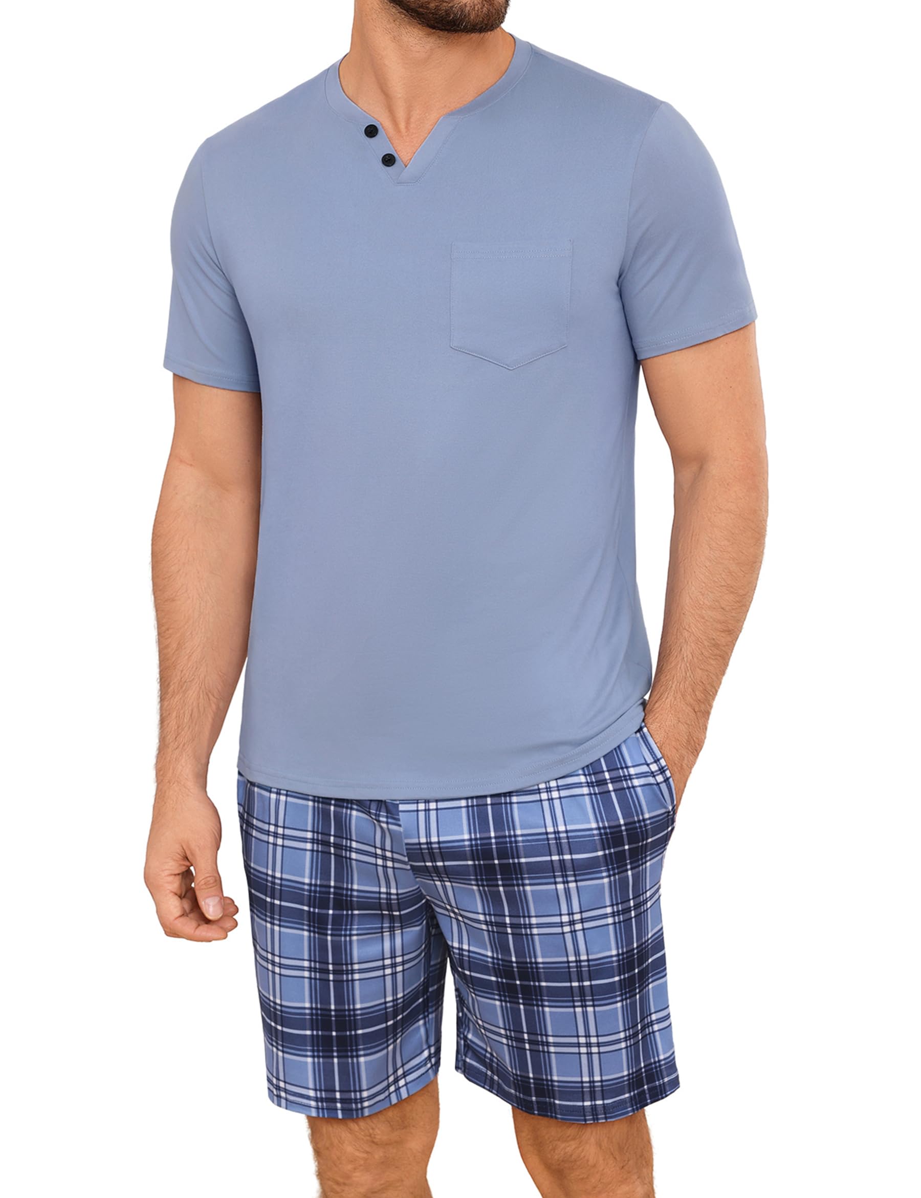 Leversic Zweiteiliger Schlafanzug Herren Kurz Baumwolle mit Karierter V-Ausschnitt, Shorty Pyjama Herren Set Sommer Nachtwäsche Pajamas for Männer