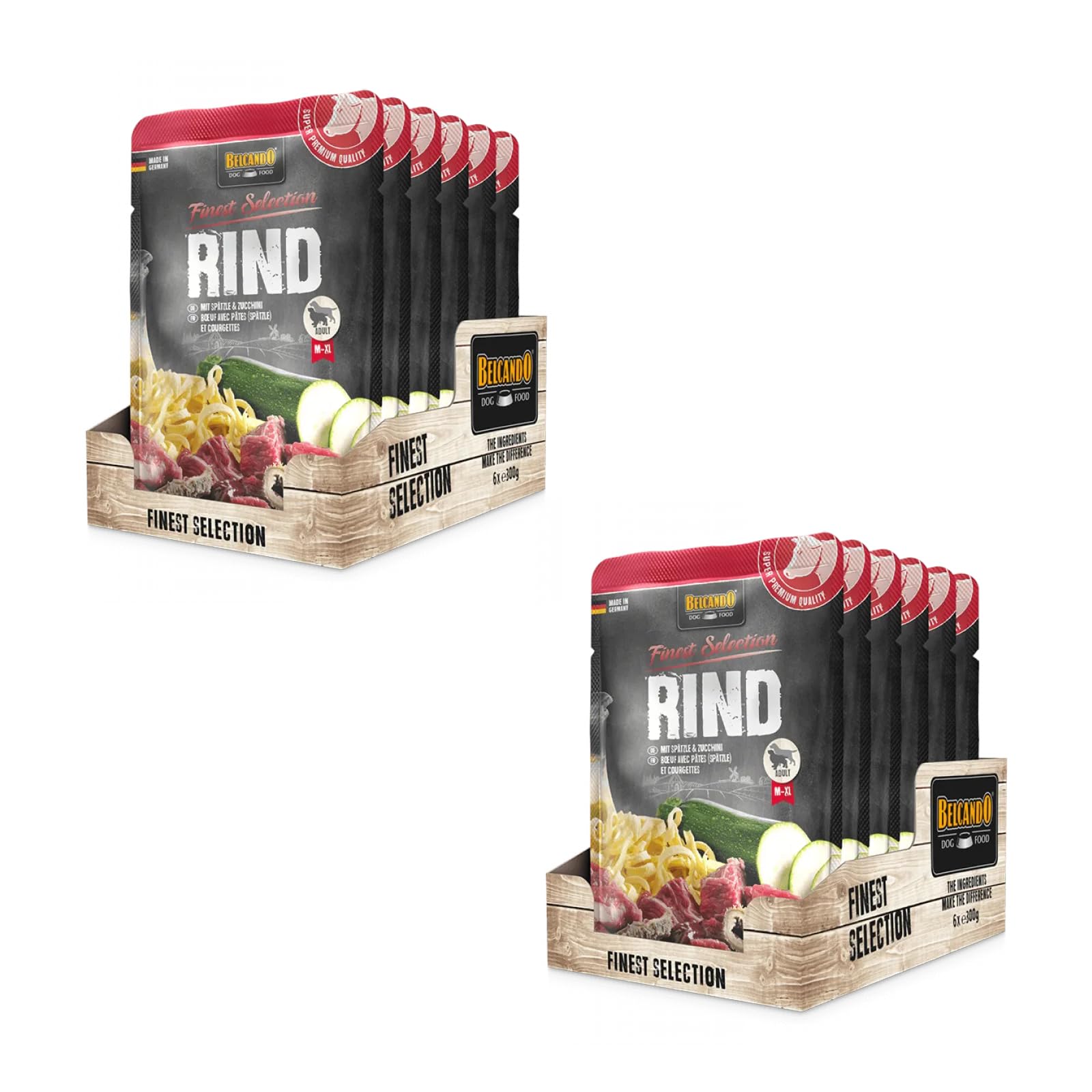Belcando Finest Selection Adult Manzo con spaetzle e zucchine | Confezione Doppia | 2 x 6 x 300 g | Cibo umido per cani sensibili o esigenti | Pratiche porzioni singole