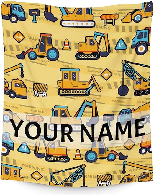 Personalized Construction Truck Blanket Gifts with Name - 30x40 Inches Funny Throw Blanket for Boys & Kids - Yellow Soft Fuzzy Excavator Blankets for Couch & Office