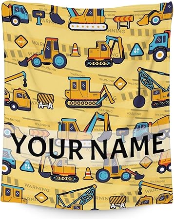Personalized Construction Truck Blanket Gifts with Name - 30x40 Inches Funny Throw Blanket for Boys & Kids - Yellow Soft Fuzzy Excavator Blankets for Couch & Office