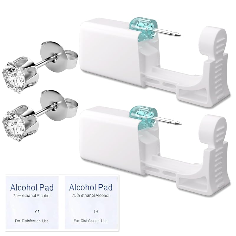 Kit YINPAD para Piercing de Orelha com 2 Pistolas Descartáveis e Brincos Coroa Prateada com Zircônia Branca