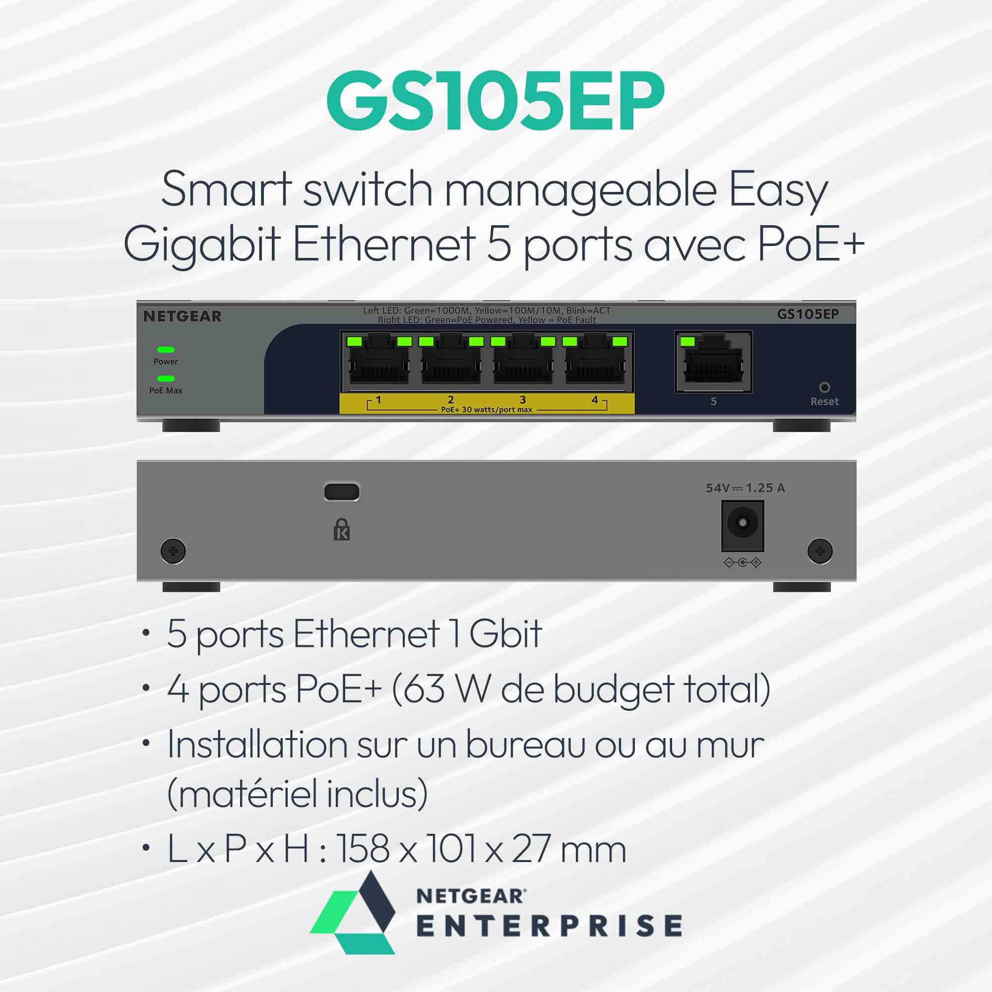 NETGEAR Smart Switch manageable Easy Gigabit Ethernet 5 Ports avec PoE+ - avec 4 Ports PoE+ 63 W, sans Ventilateur, Montage sur Un Bureau ou au Mur (GS105EP)