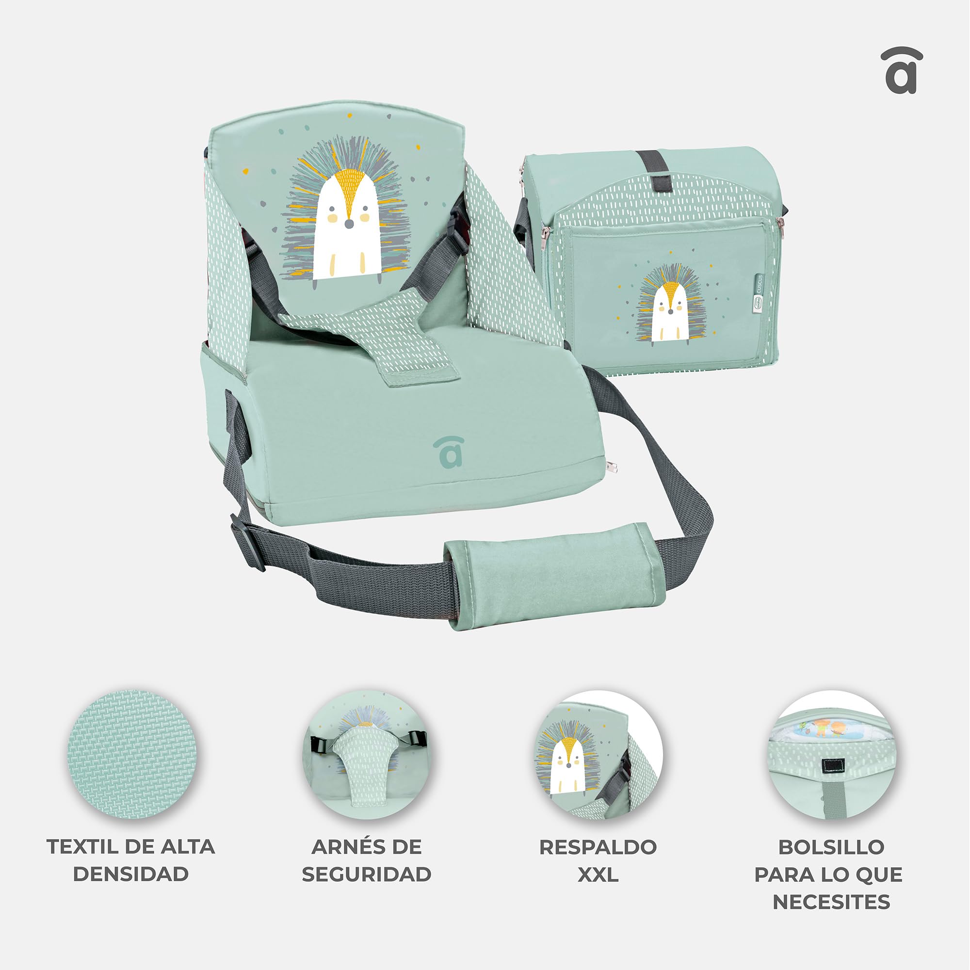 Asalvo BOOSTER CUSCUS Trona de Viaje para bebés hasta 15 kg, Plegable, Arnés de seguridad, bolsillo, Respaldo 25 cm, Búho Beige