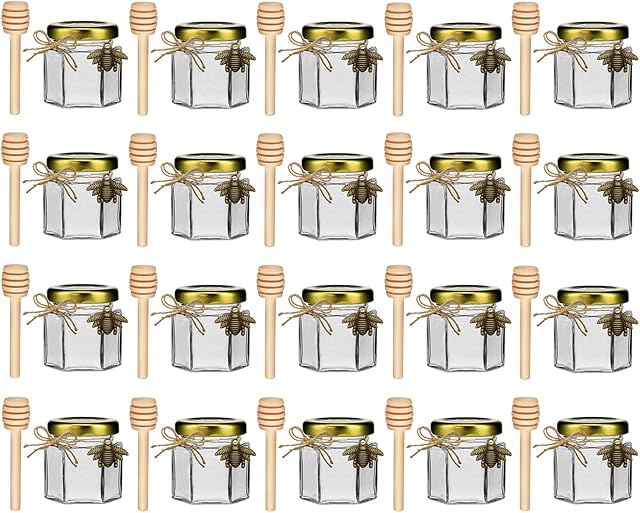 Ahhute 1.5 oz 20 pack Hexagon Mini Glass Honey Jars with Wood Dipper, Gold Lid, Bee Pendants - Perfect for Baby Shower, Wedding Favors, Party Favors