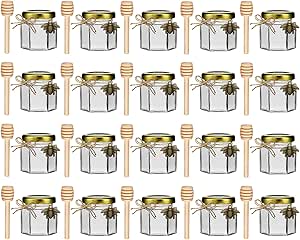 Vasetti Miele In Vetro Esagonale - Set 20 Pezzi Con Cucchiai Legno E Etichette, Ideali Per Bomboniere