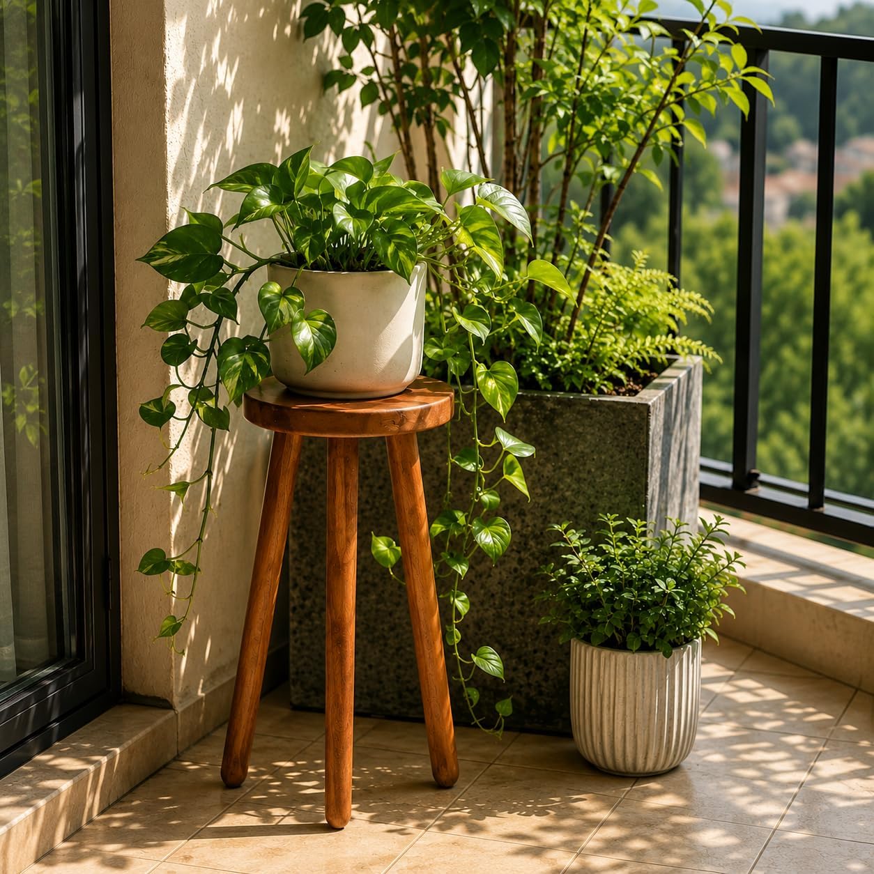 Teak Wood Plant Stand, 24" Round Side Table, Wood Accent Table image 5