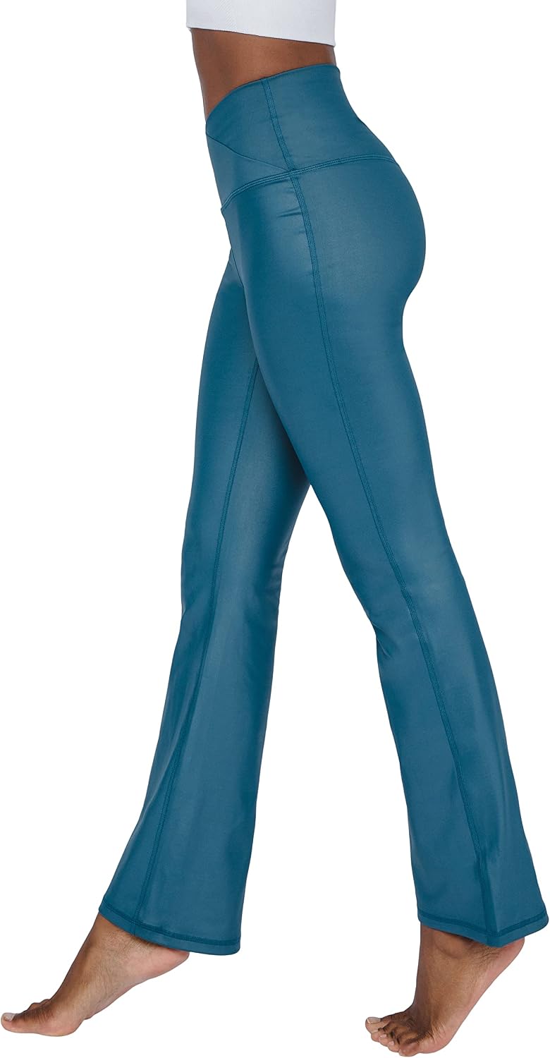 90 Degree By Reflex Faux Leather Flared Leg Yoga Pants - Squat Proof Interlink V-Back Cire Leggings