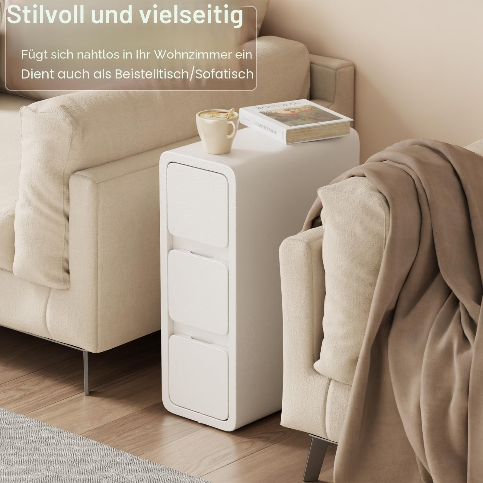 AQIMUELE Nachttisch, Schmal, Beistelltisch mit 3 Schubladen, Narrow Nightstand, Installationfrei, Kunstleder, für Schlafzimmer, Wohnzimmer, Breite 20 cm (weiß)