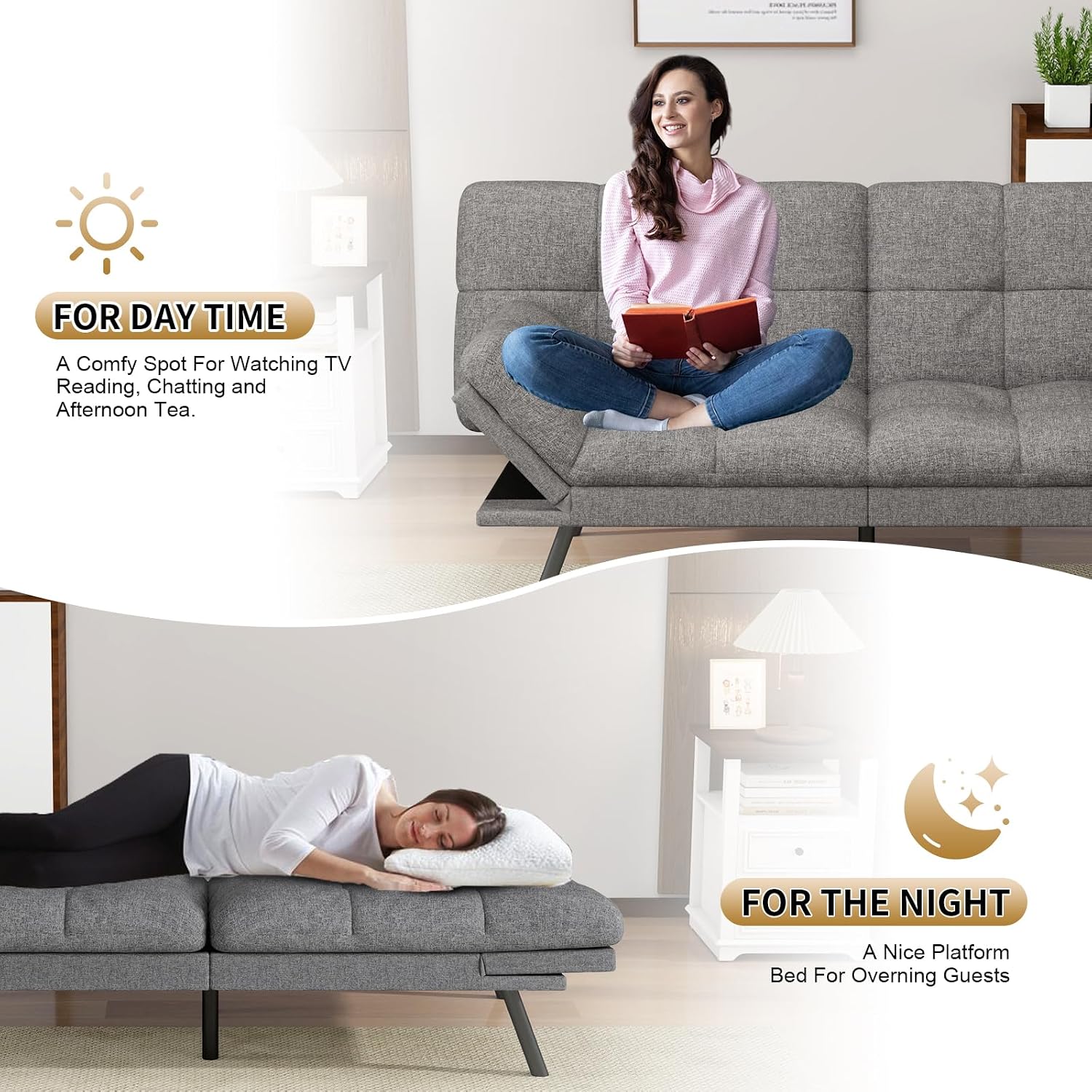 Vipbear 71-Inch Convertible Futon Sofa Bed, Cozy Loveseat Sleeper with Adjustable Back & Arms, Linen Fabric for Living Rooms, Guest Rooms,Light Grey