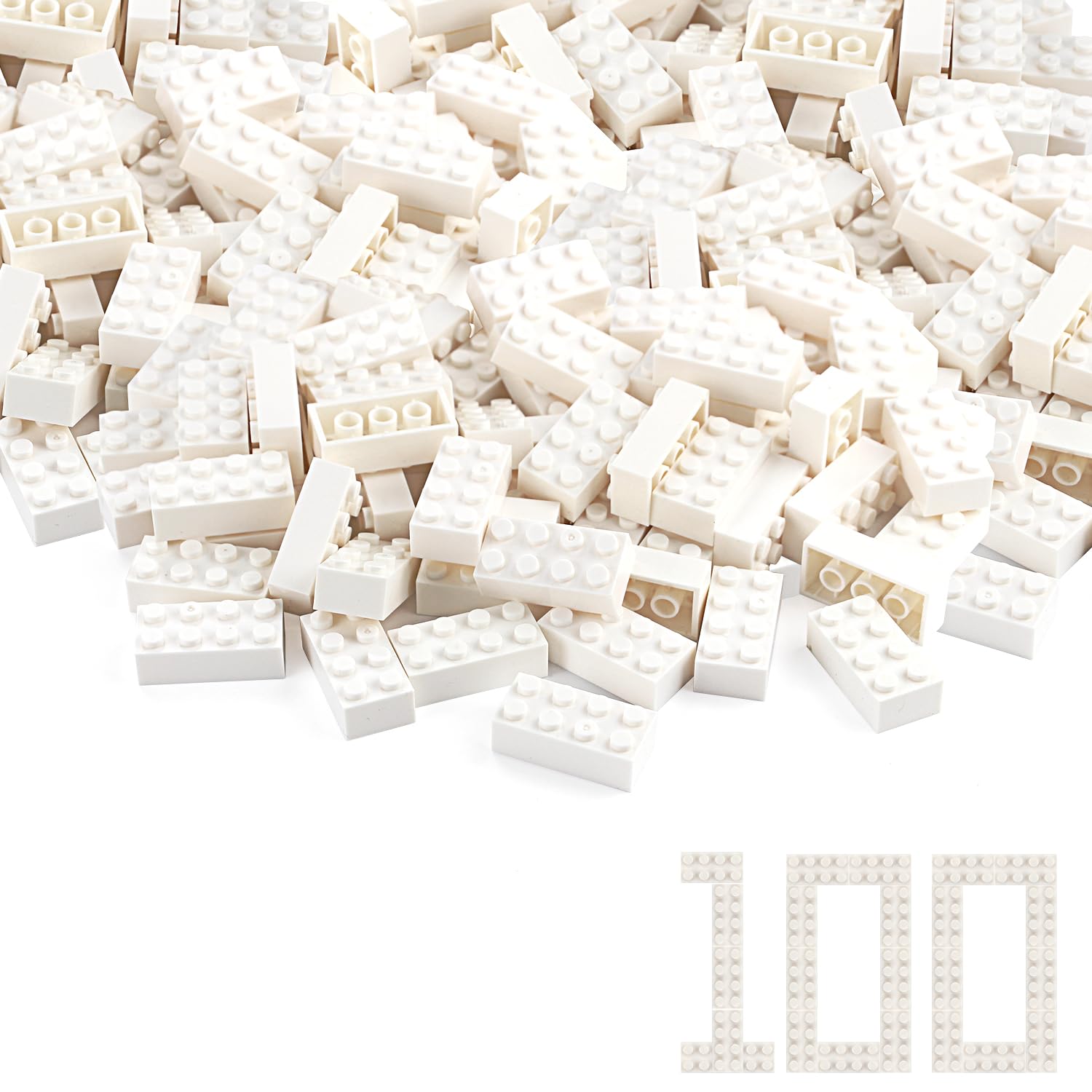 100pcs 2x4 Bricks White Pieces Parts Classic Building Blocks Creative Play Set Toy Accessories Combine with 3001 Major Brick Brands