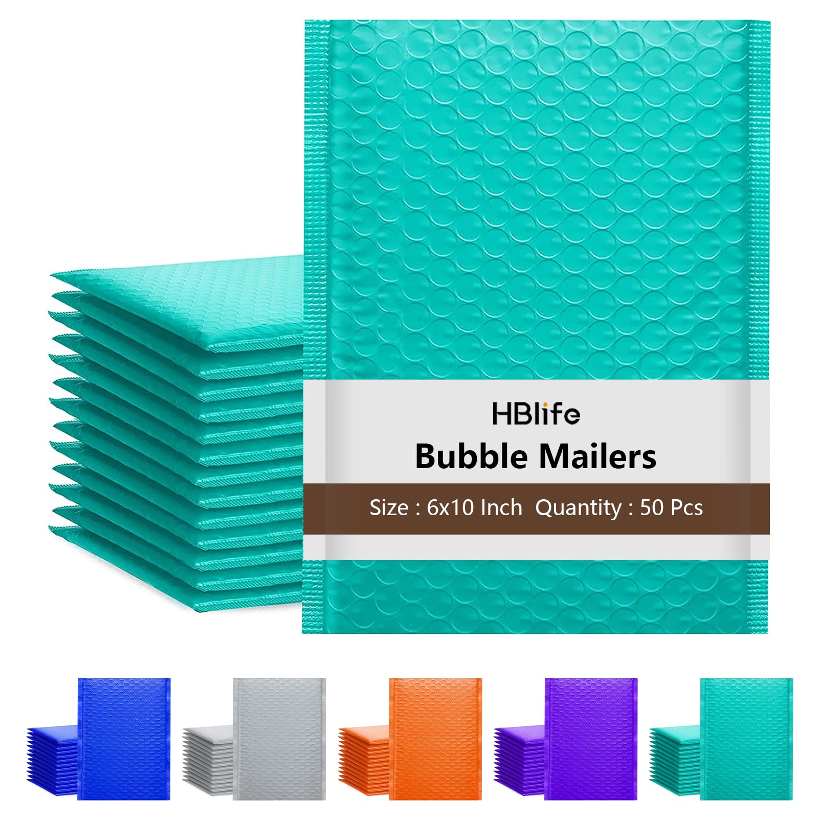HBlife 50Pcs Bubble Mailers, 6x10 Inches Self Seal Teal Poly Mailers, Padded Envelopes Shipping Bags Packaging for Small Business